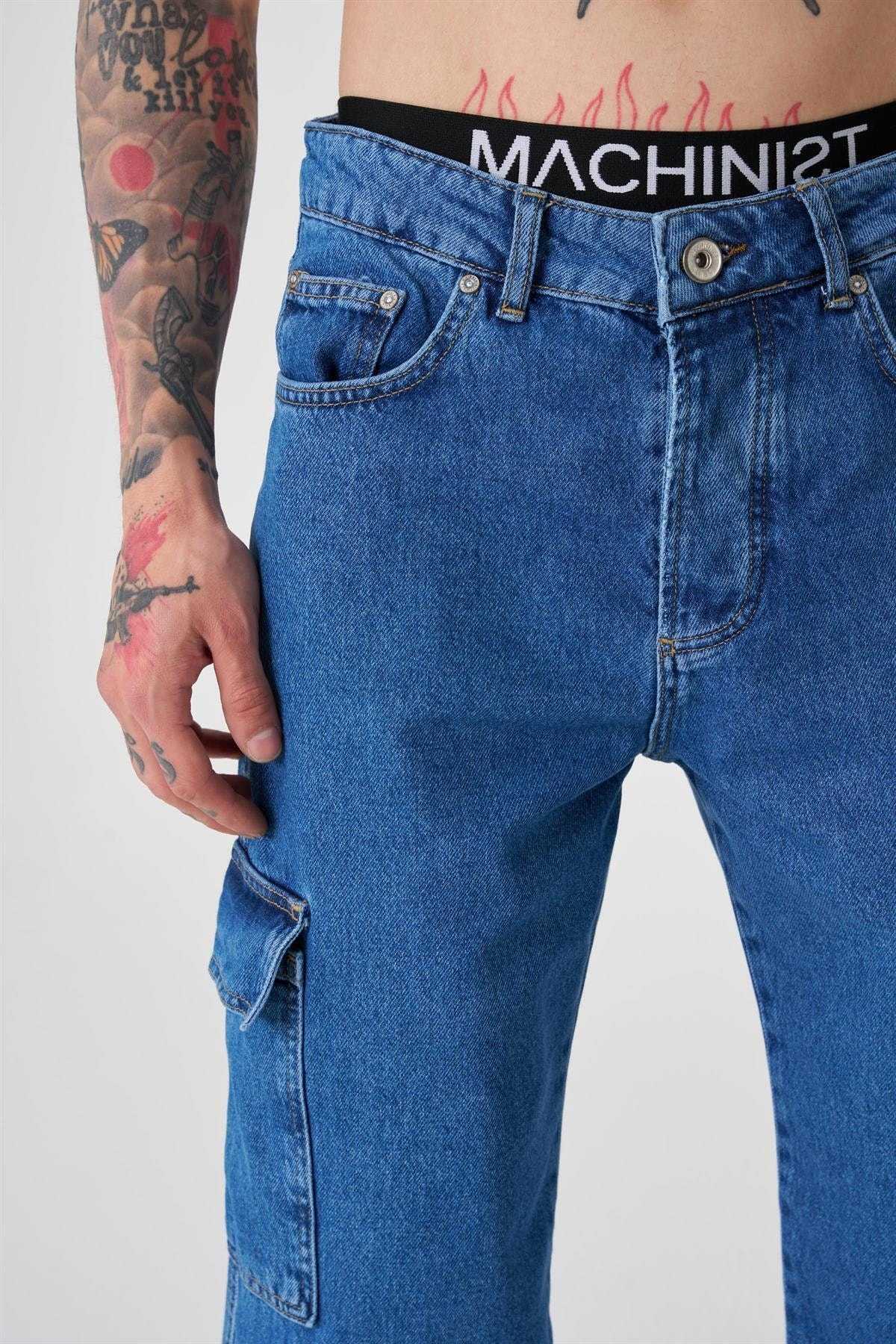 شلوار جین گشاد با جیبی باری آبی دریایی