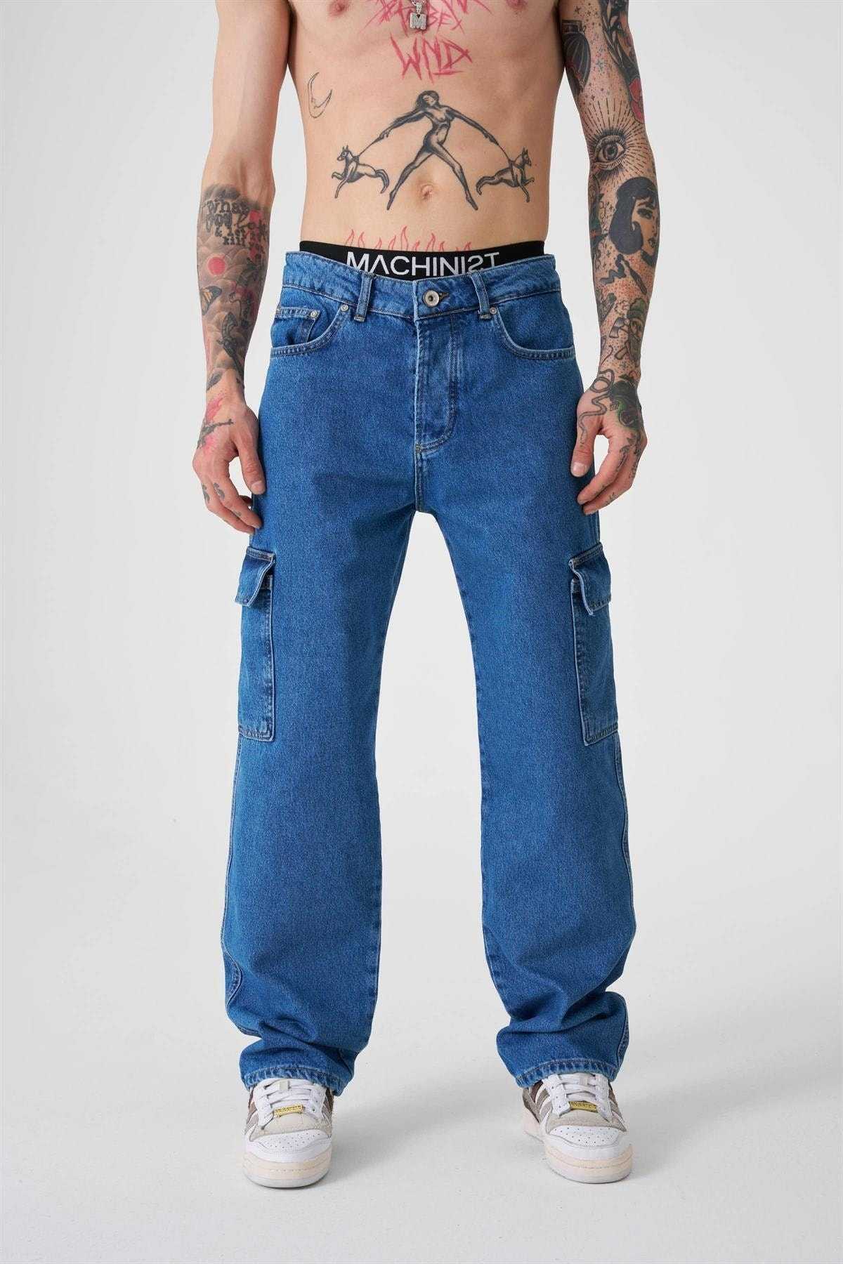 شلوار جین گشاد با جیبی باری آبی دریایی