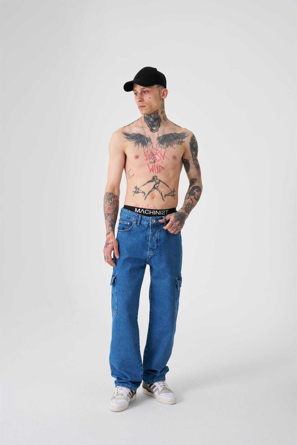 شلوار جین گشاد با جیبی باری آبی دریایی