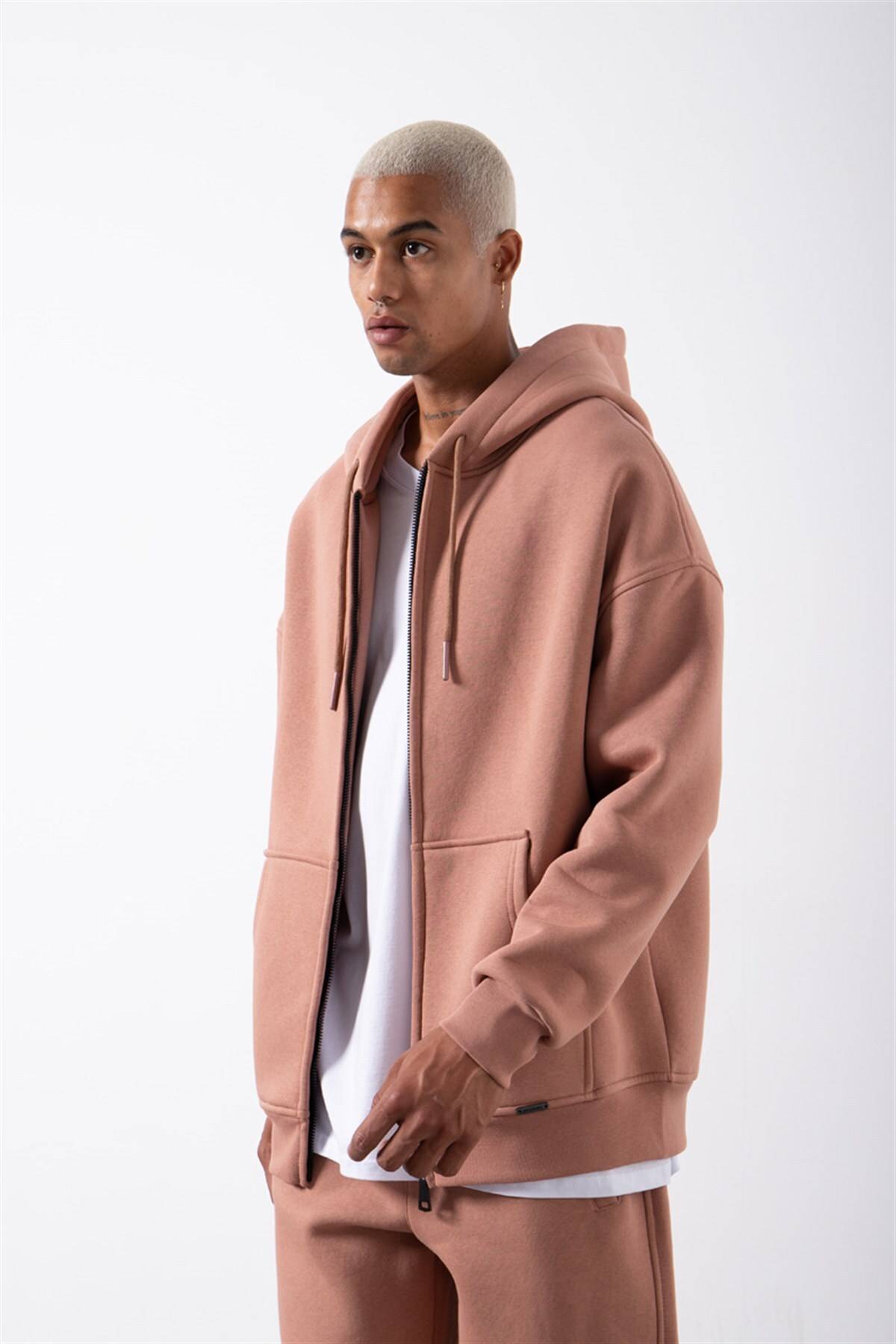 سویشرت ساده زیپ دار جیب دار یاسی یخی