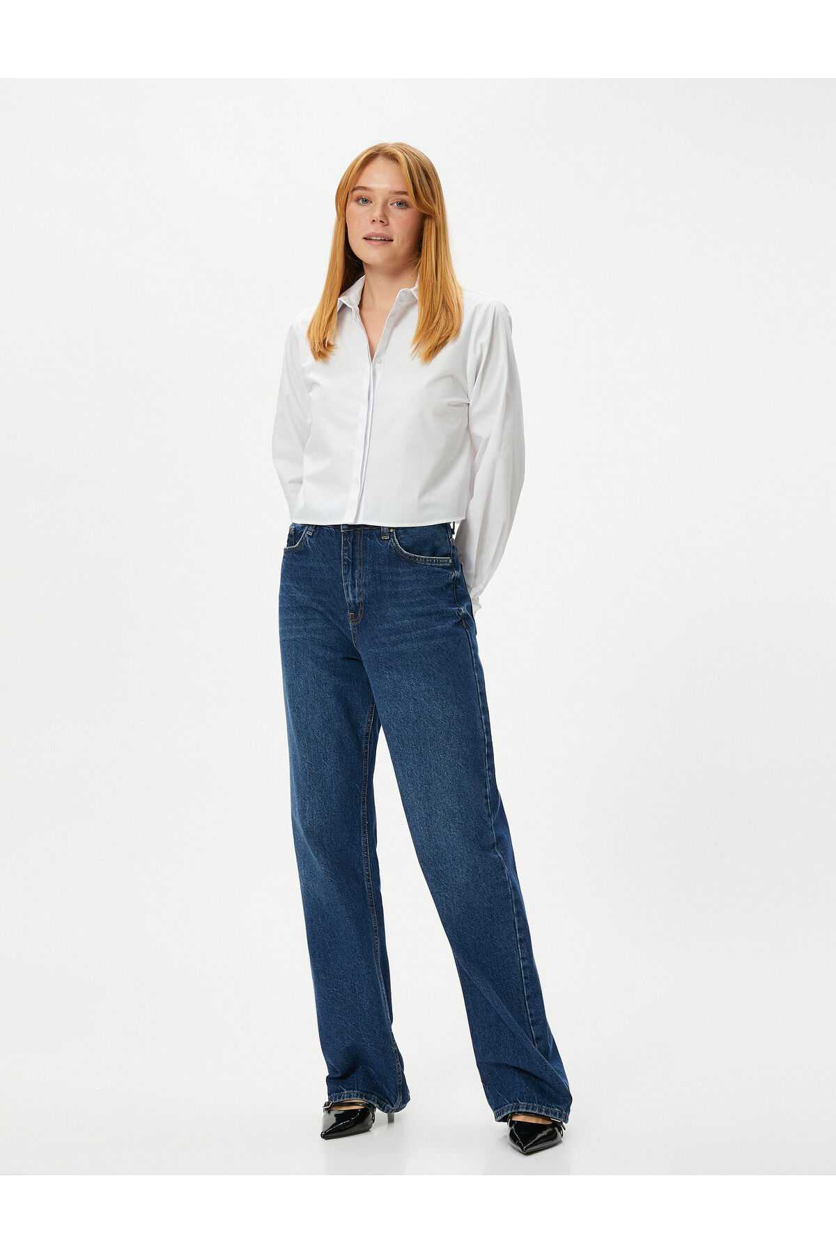 پیراهن کراپ آستین بلند یقه دکمه دار نخی