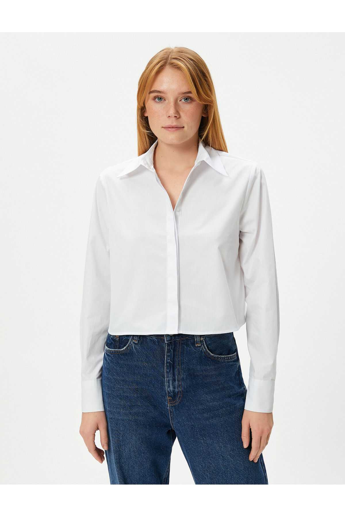 پیراهن کراپ آستین بلند یقه دکمه دار نخی