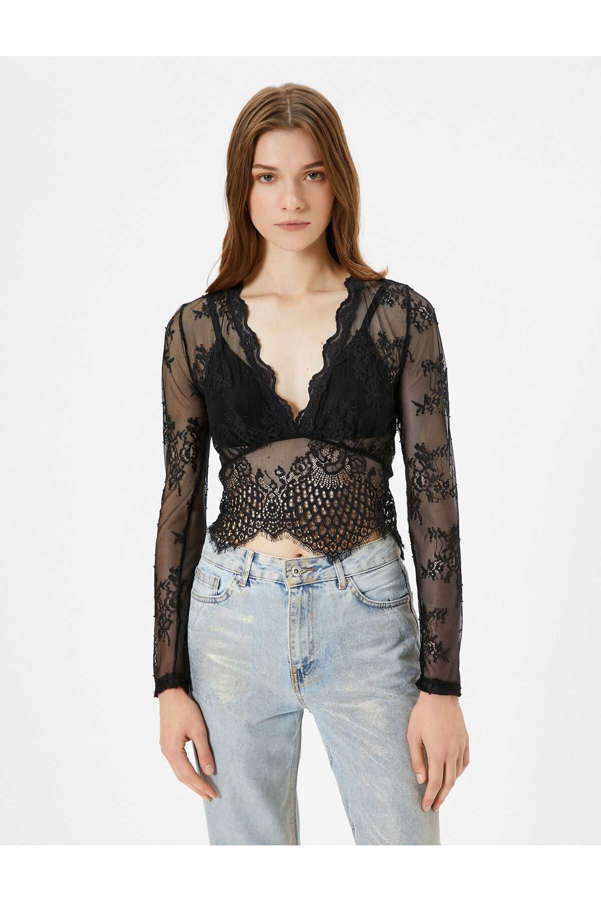 بلوز توری شفاف Crop V یقه