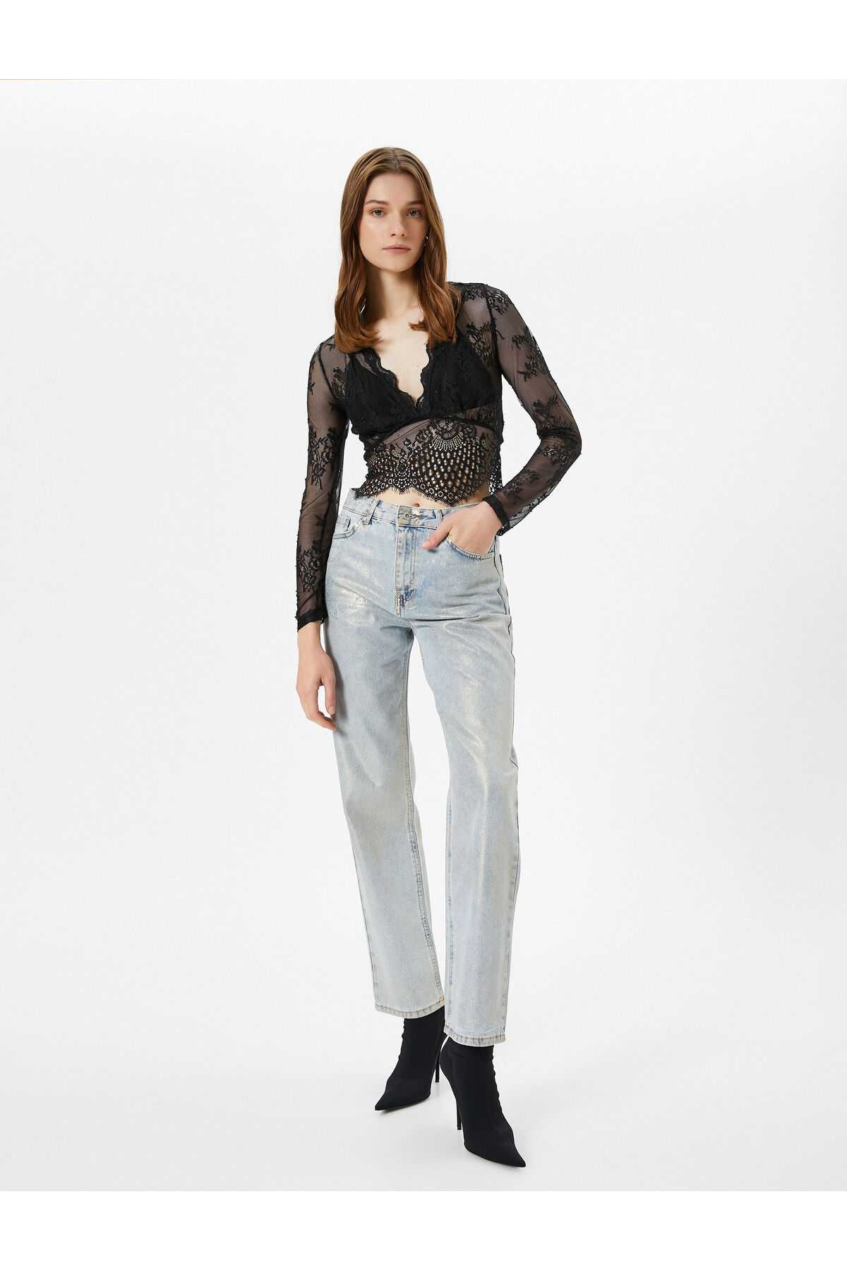 بلوز توری شفاف Crop V یقه