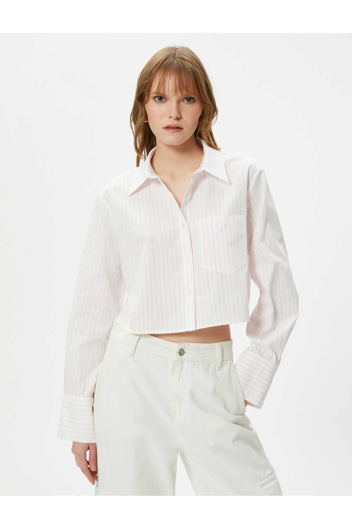 پیراهن کوتاه جیب آستین بلند یقه کلاسیک دکمه دار