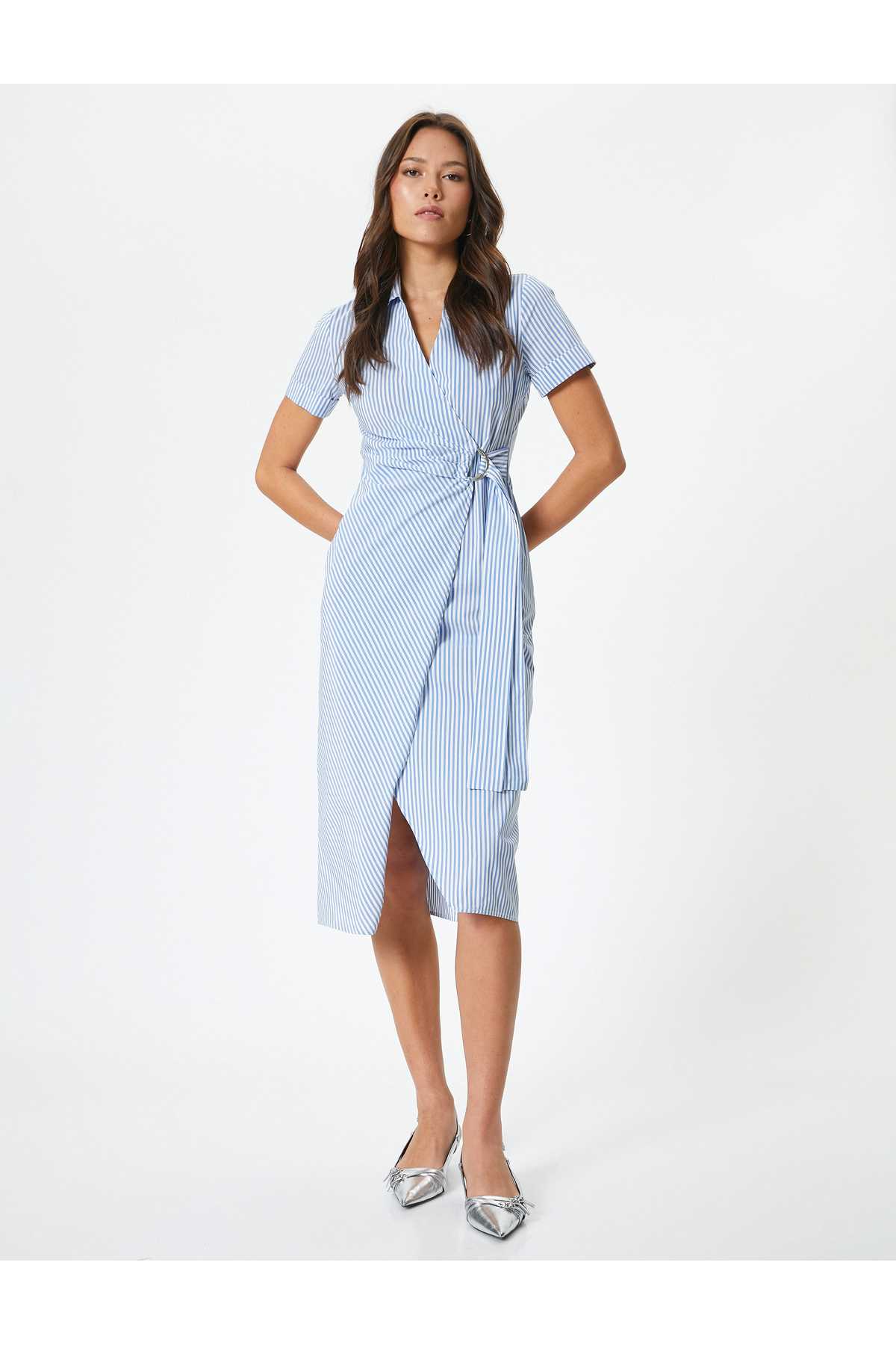 پیراهن میدی آستین کوتاه کمربند دو سینه