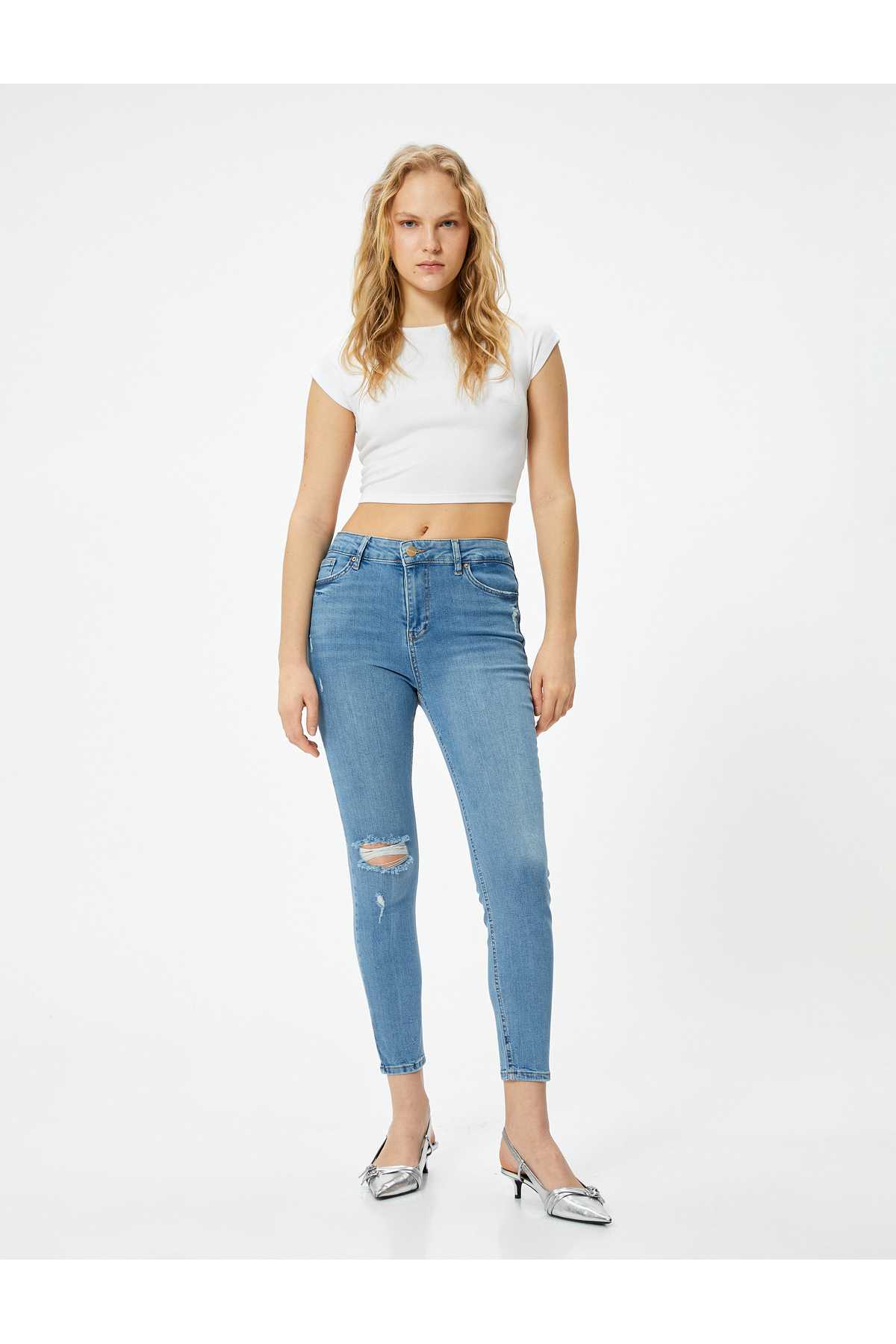 شلوار جین کمر بلند، پنبه ای منعطف و فرسوده - جین اسکینی کارمن