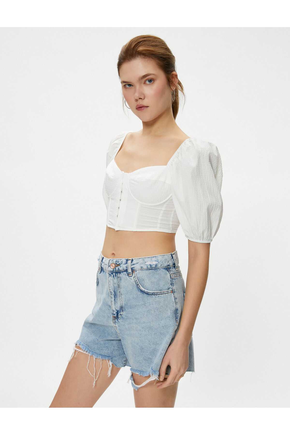 بلوز کراپ کرست آستین بادکنکی یقه دلبر