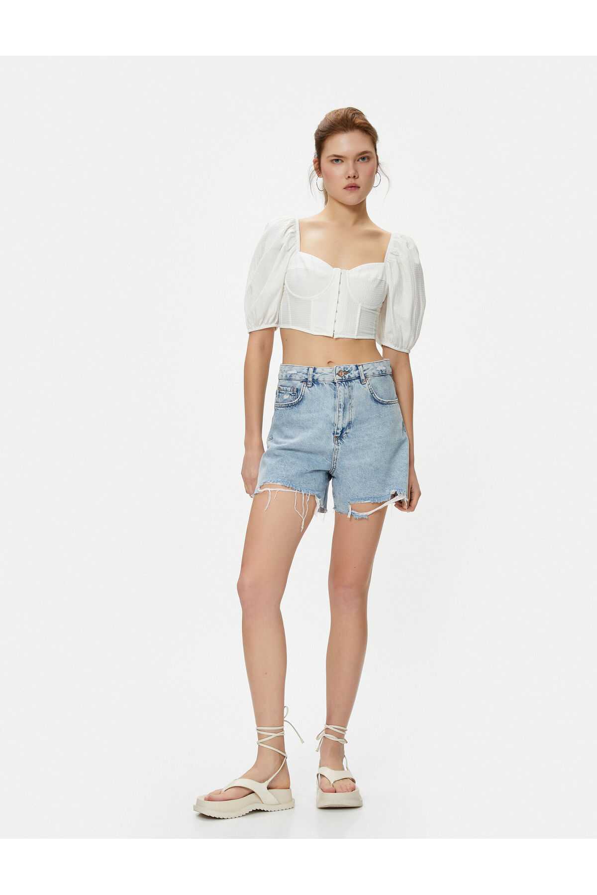 بلوز کراپ کرست آستین بادکنکی یقه دلبر