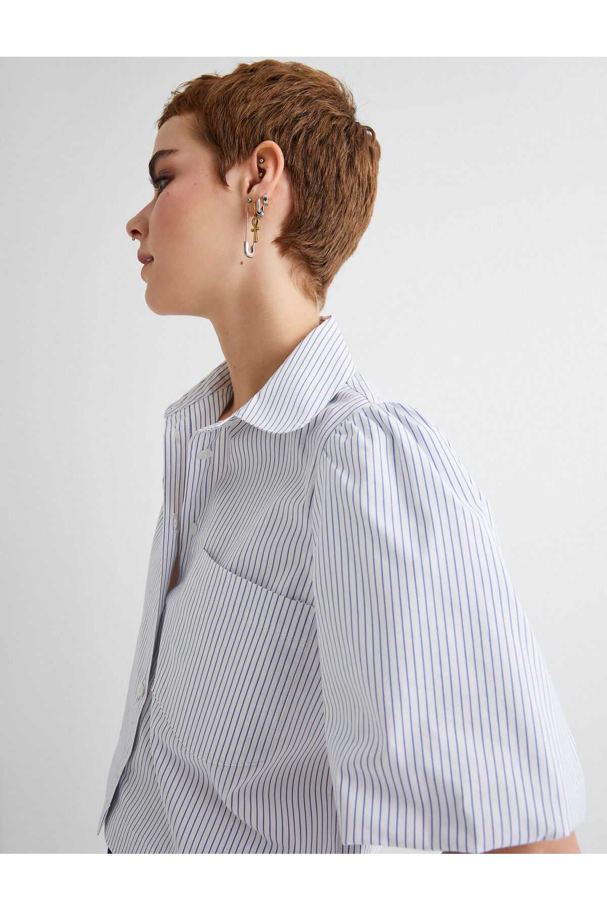 پیراهن کوتاه آستین بادکنکی تک جیبی نخی