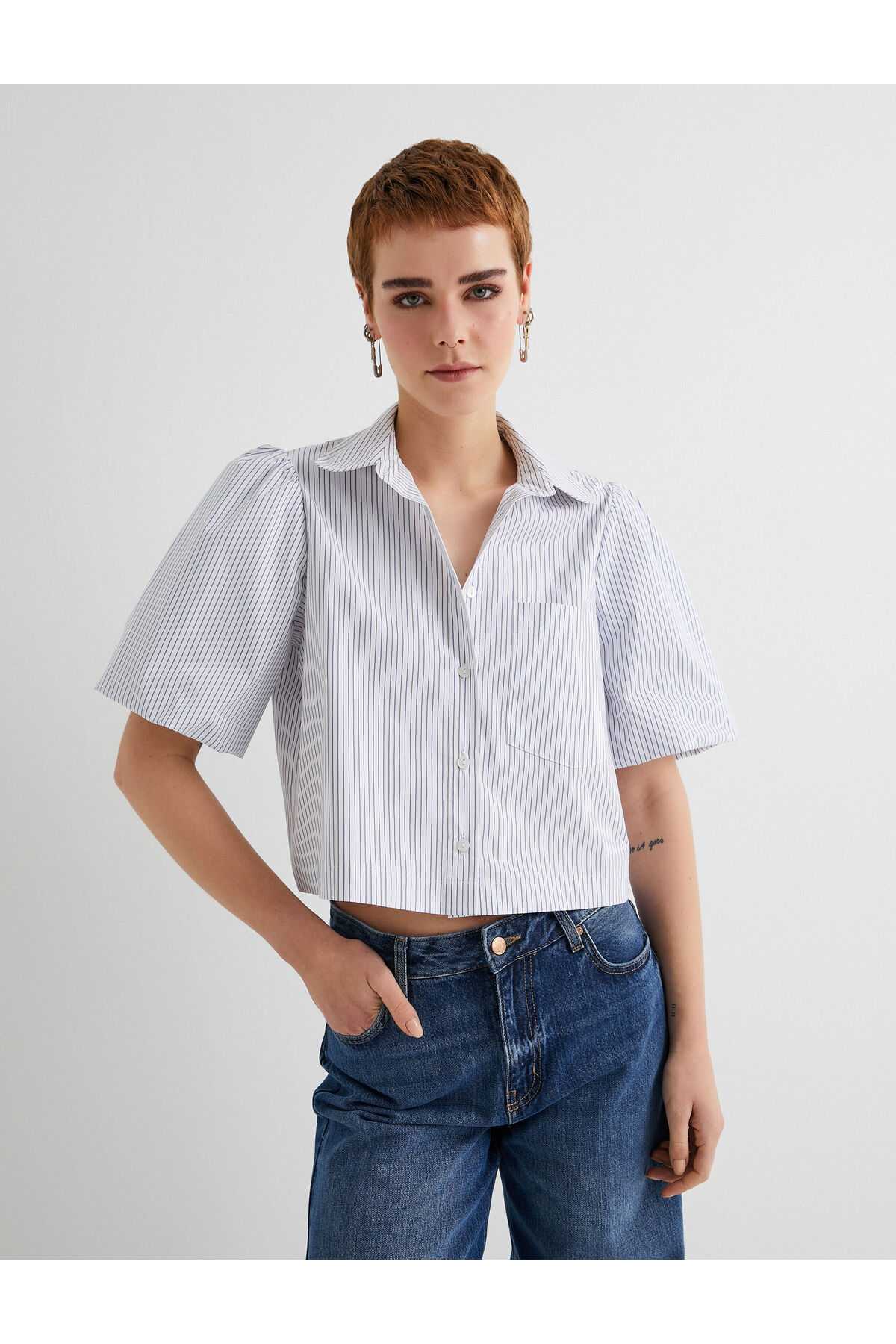 پیراهن کوتاه آستین بادکنکی تک جیبی نخی