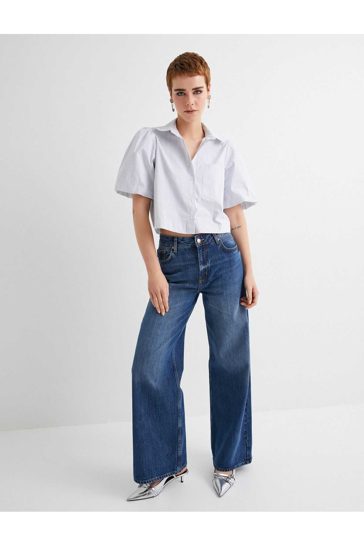 پیراهن کوتاه آستین بادکنکی تک جیبی نخی