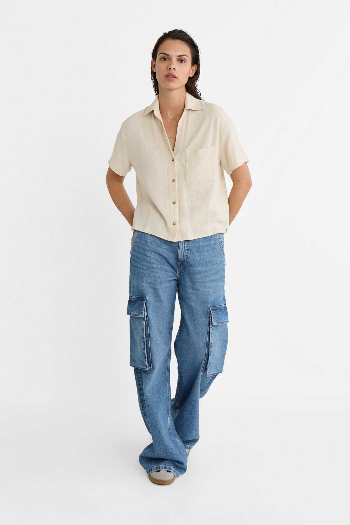 پیراهن آستین کوتاه ترکیبی کتانی