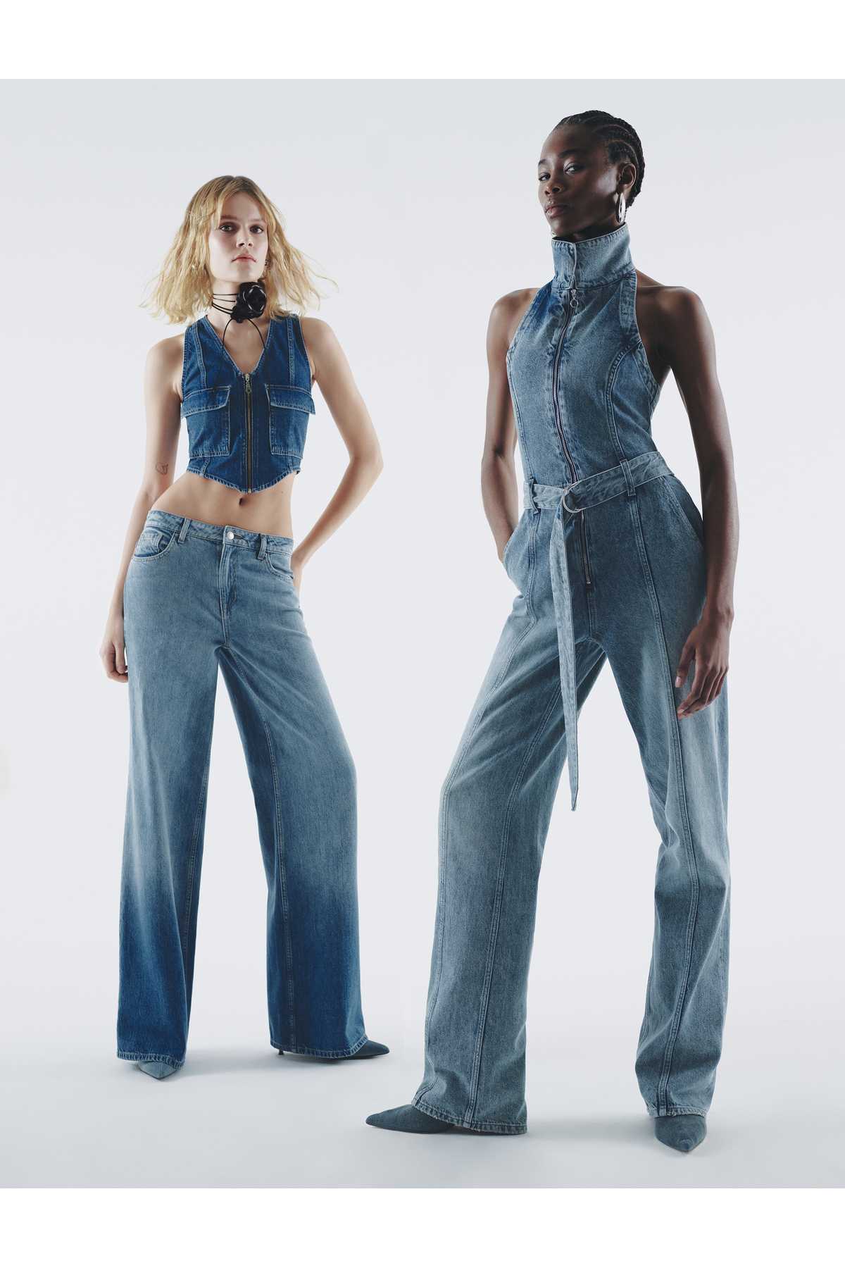 راسته واید جین کمر کم جیب نخی - شلوار جین صاف