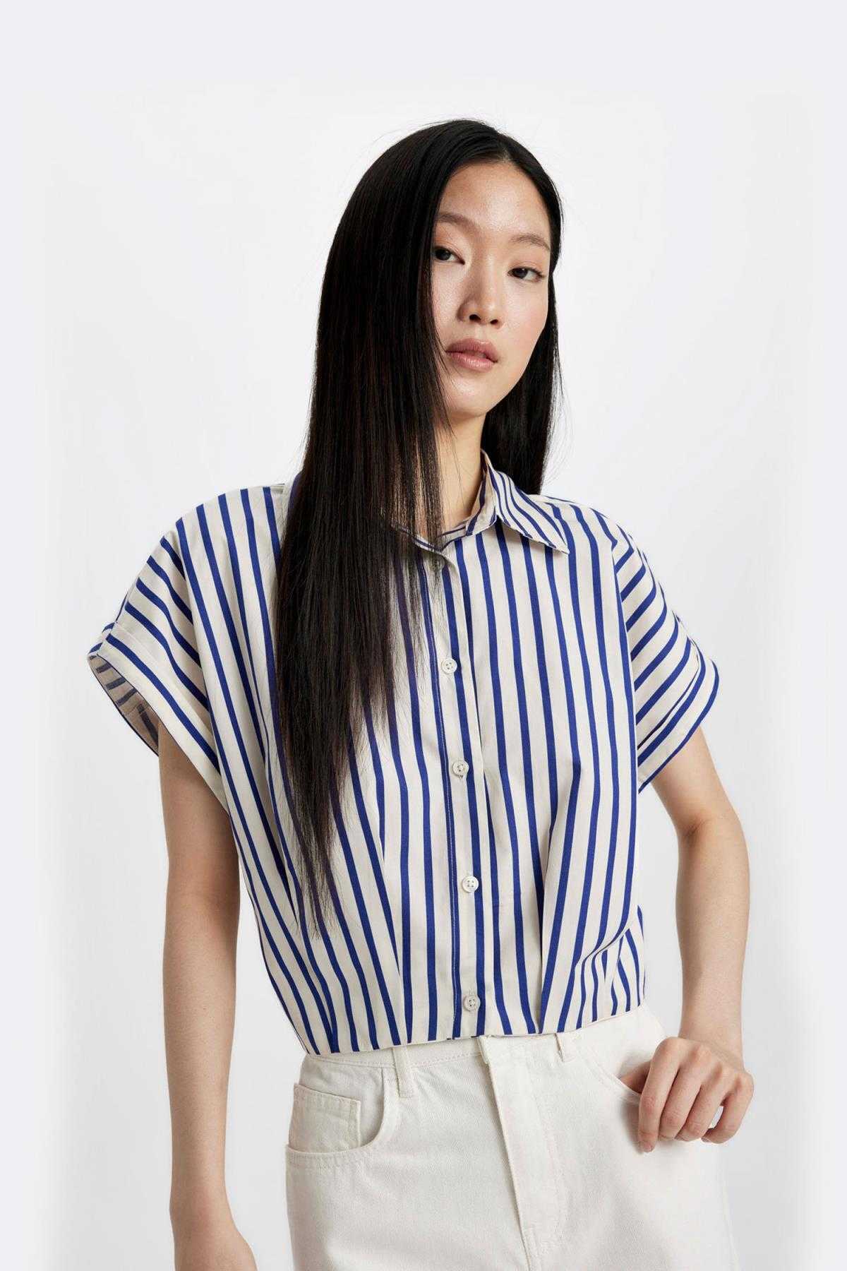 پیراهن پوپلین آستین کوتاه راه راه برش