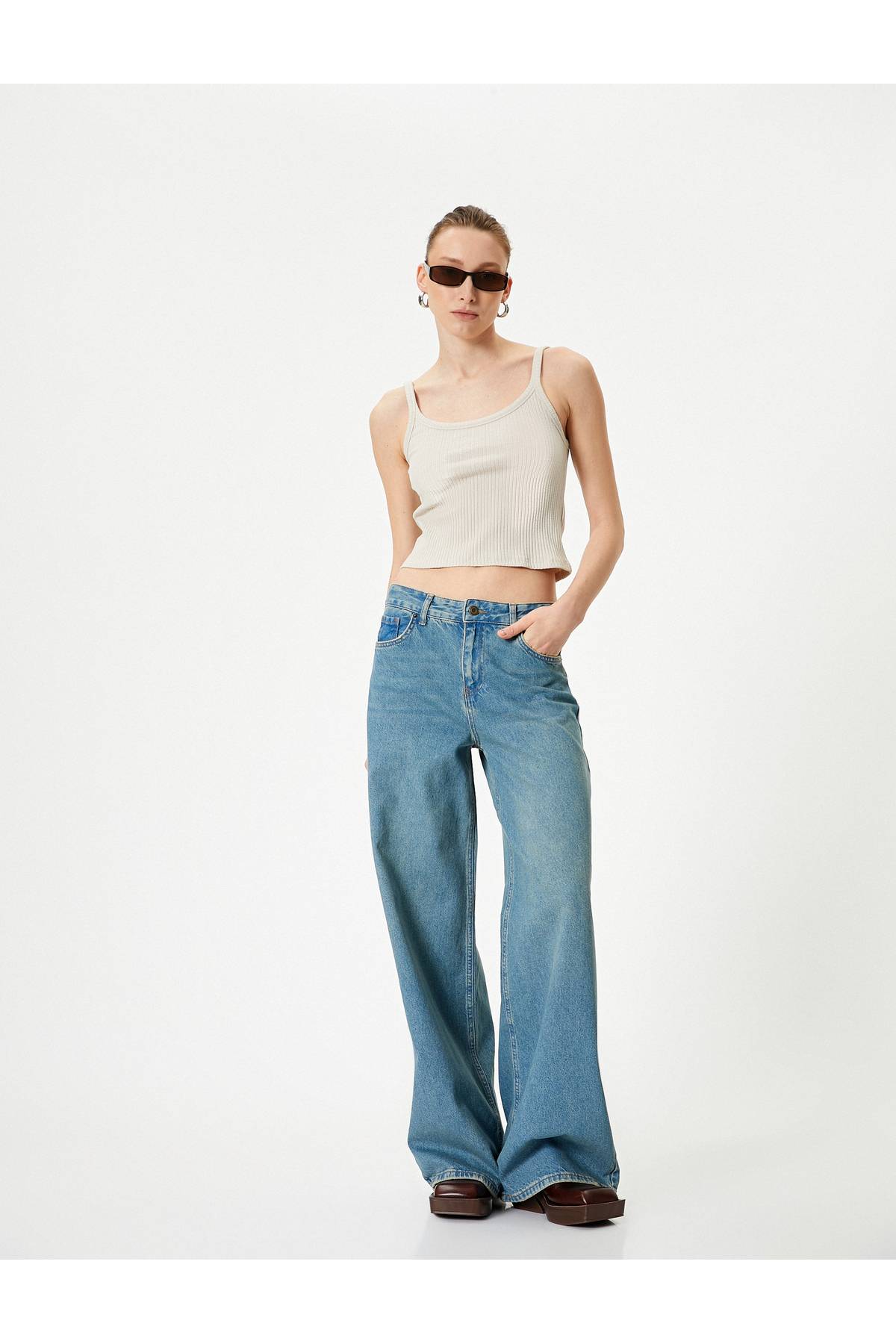 شلوار جین گشاد راسته با جیب های نخی - جین راسته گشاد