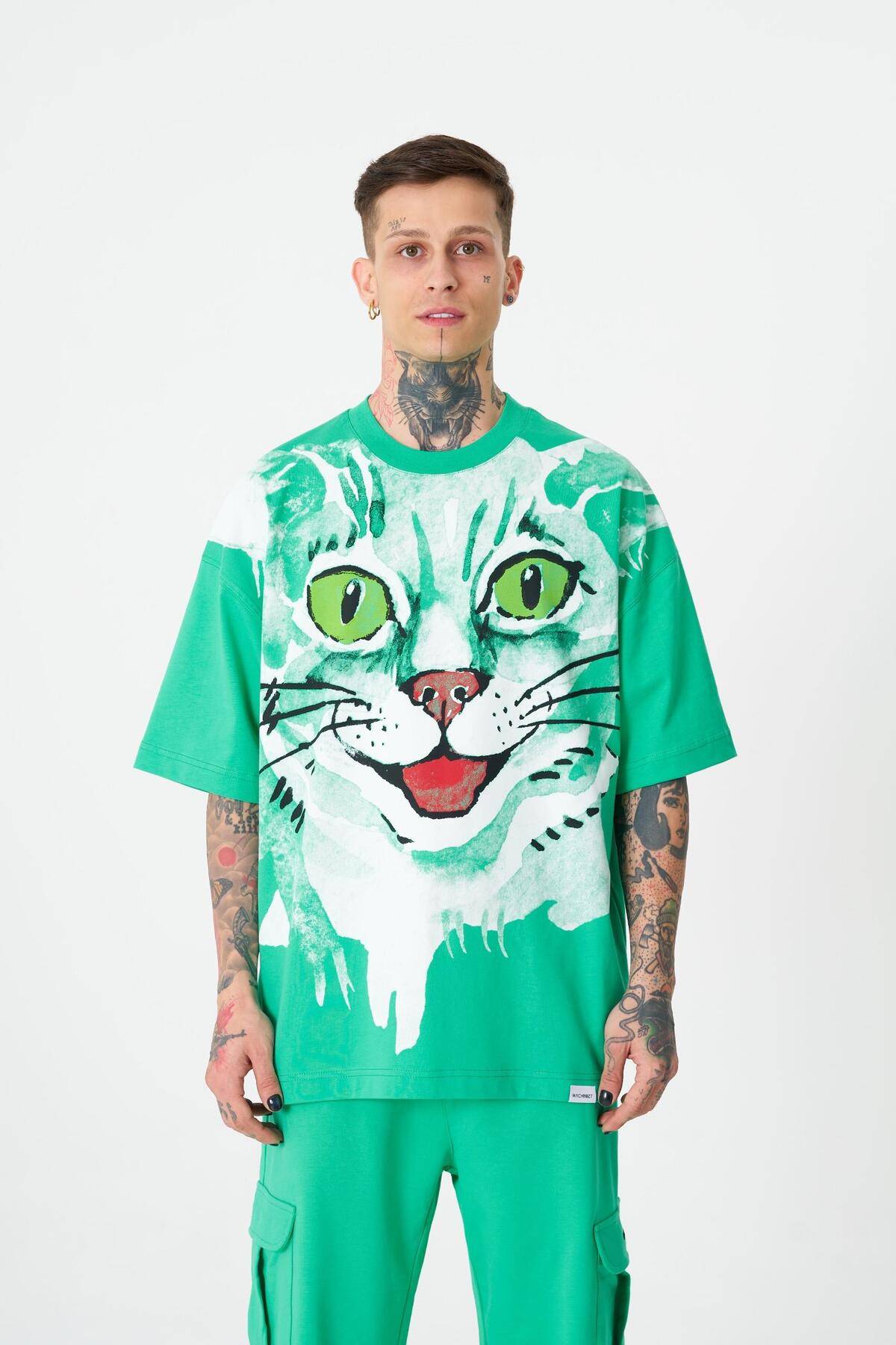 تیشرت مردانه گربه فراری با چاپ سایز بزرگ سبز روشن