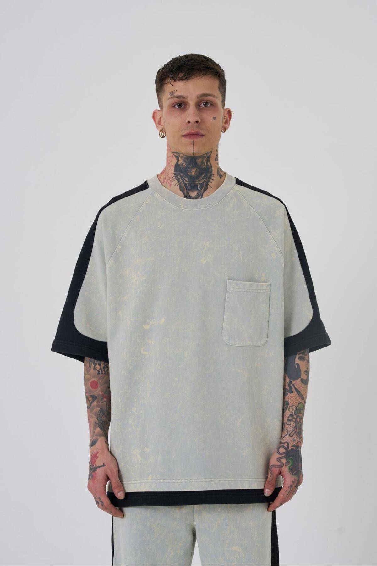 تیشرت مردانه خالدار خاکستری با کنتراست شسته شده