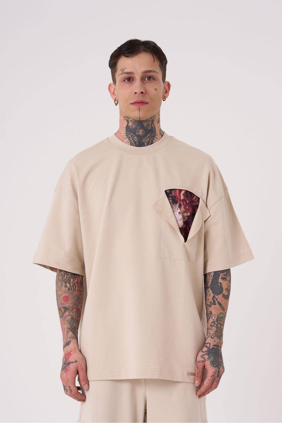 تیشرت اکرو سایز چاپی پچ گل مردانه