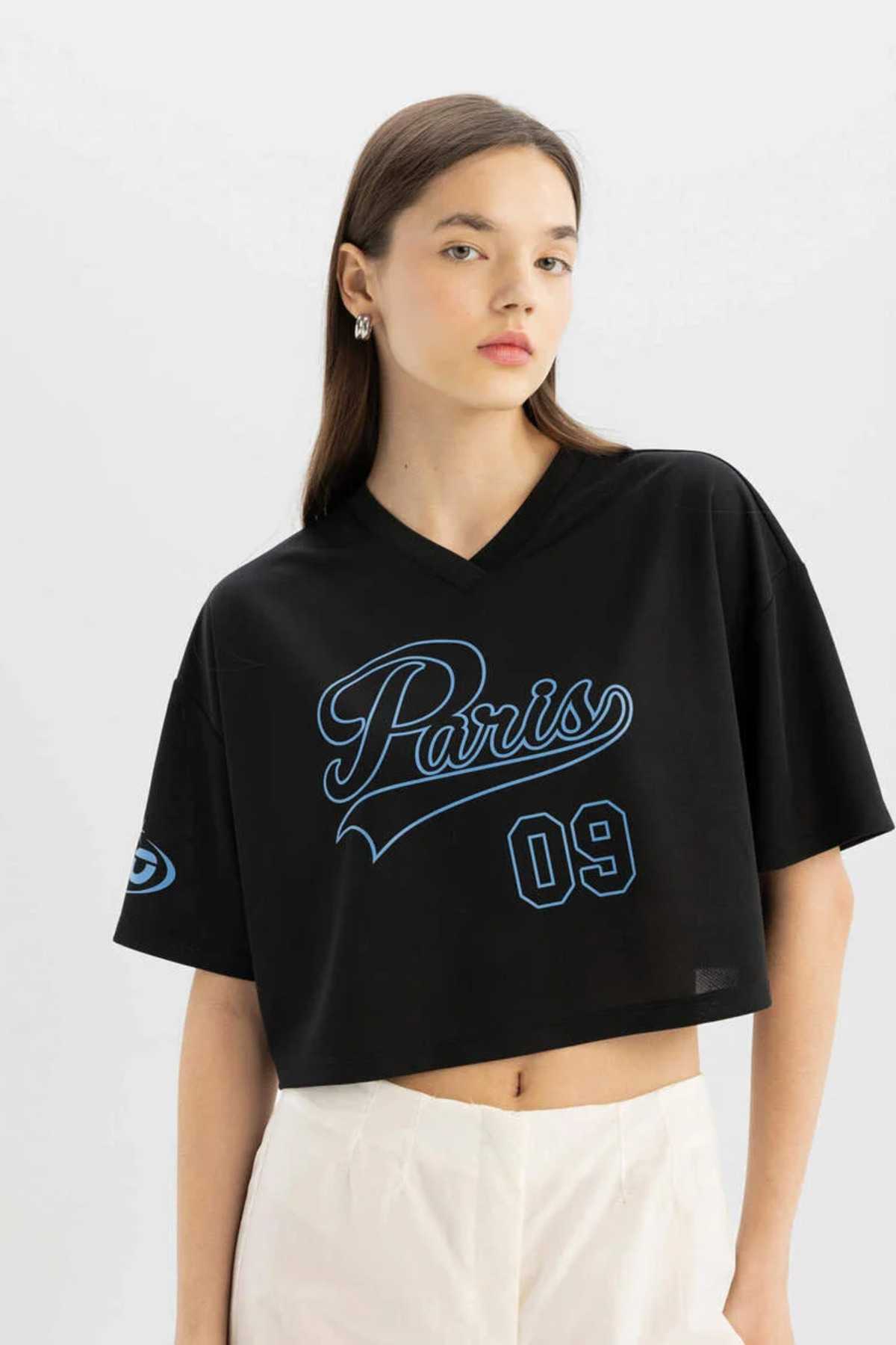 تیشرت آستین کوتاه چاپ شده با یقه V با سایز عالی D1420axbk81mc