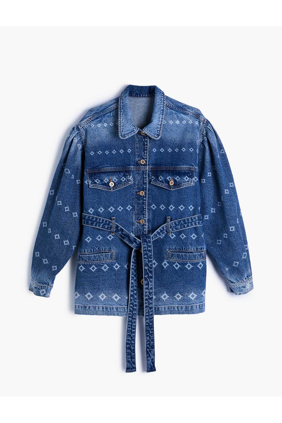 ژاکت جین بلند با جزئیات چاپ لیزری، کمربند، جیب، تناسب راحت