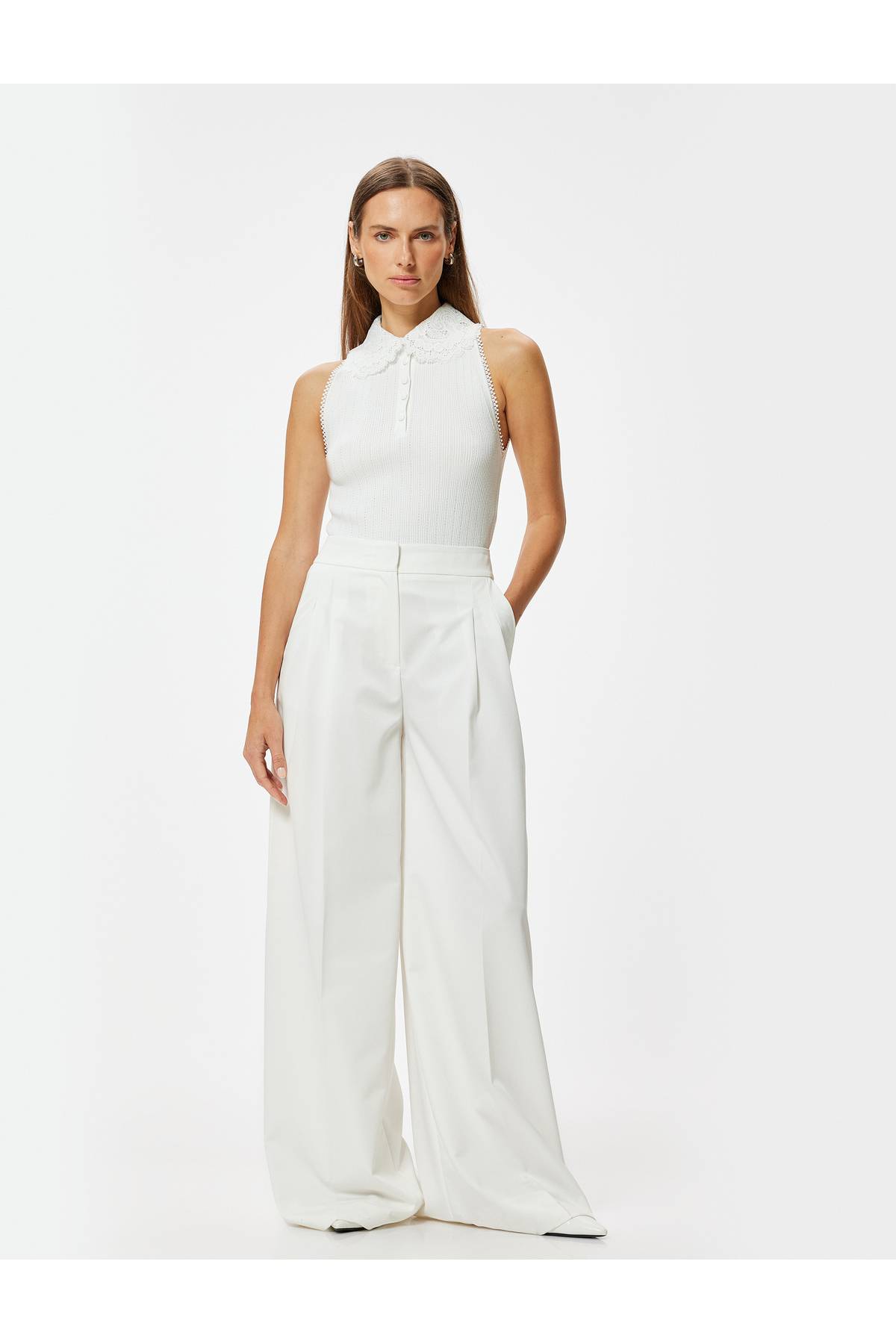 لباس بافتنی بدون آستین یقه پیراهن توری