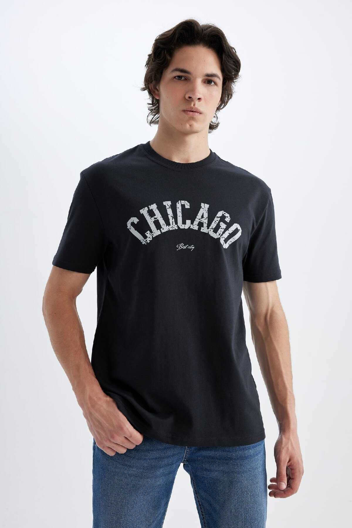 تیشرت آستین کوتاه یقه پرینت معمولی