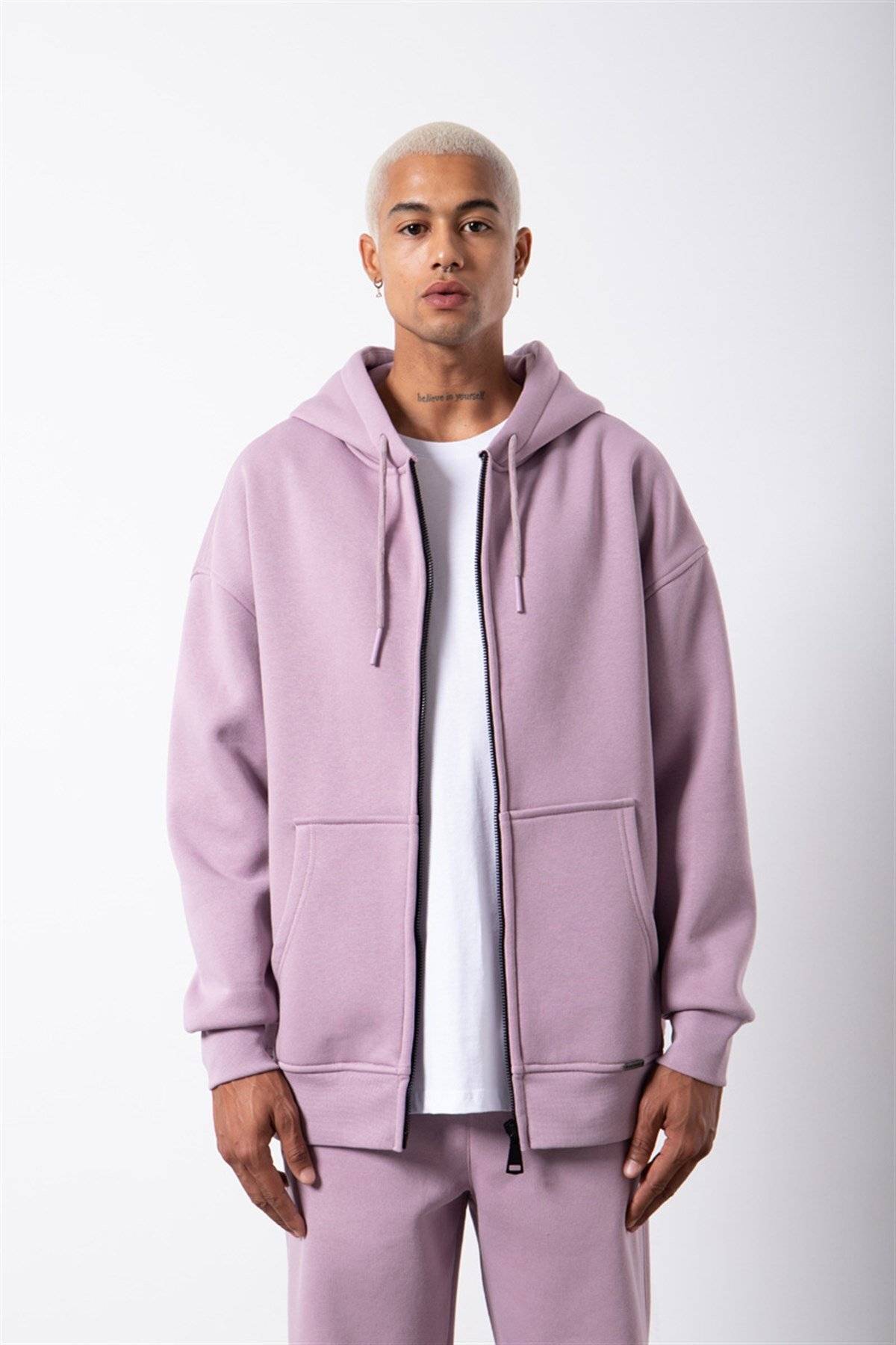 سویشرت ساده زیپ دار جیب دار یاسی یخی