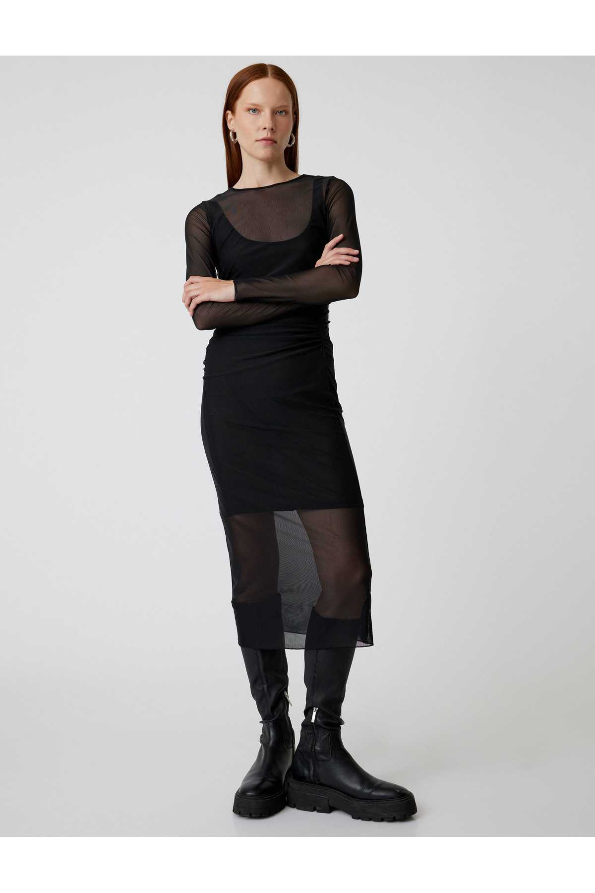 لباس توری مدادی آستین بلند یقه گرد