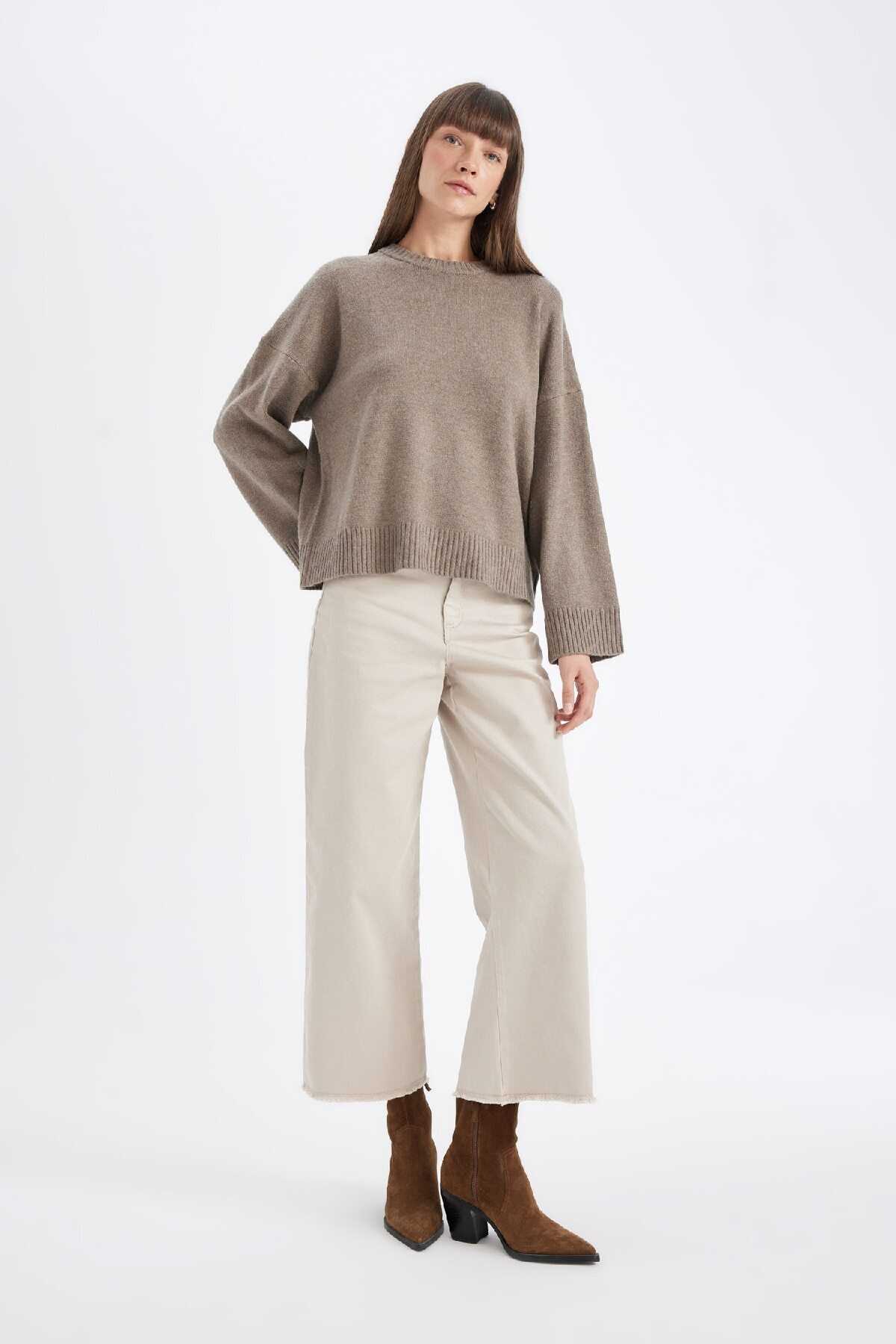 شلوار Culotte Gabardine کمر بلند پایه ساده جیب گشاد ساق C7535ax24au