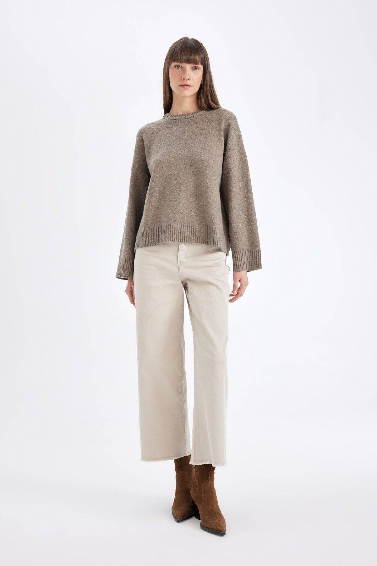 شلوار Culotte Gabardine کمر بلند پایه ساده جیب گشاد ساق C7535ax24au