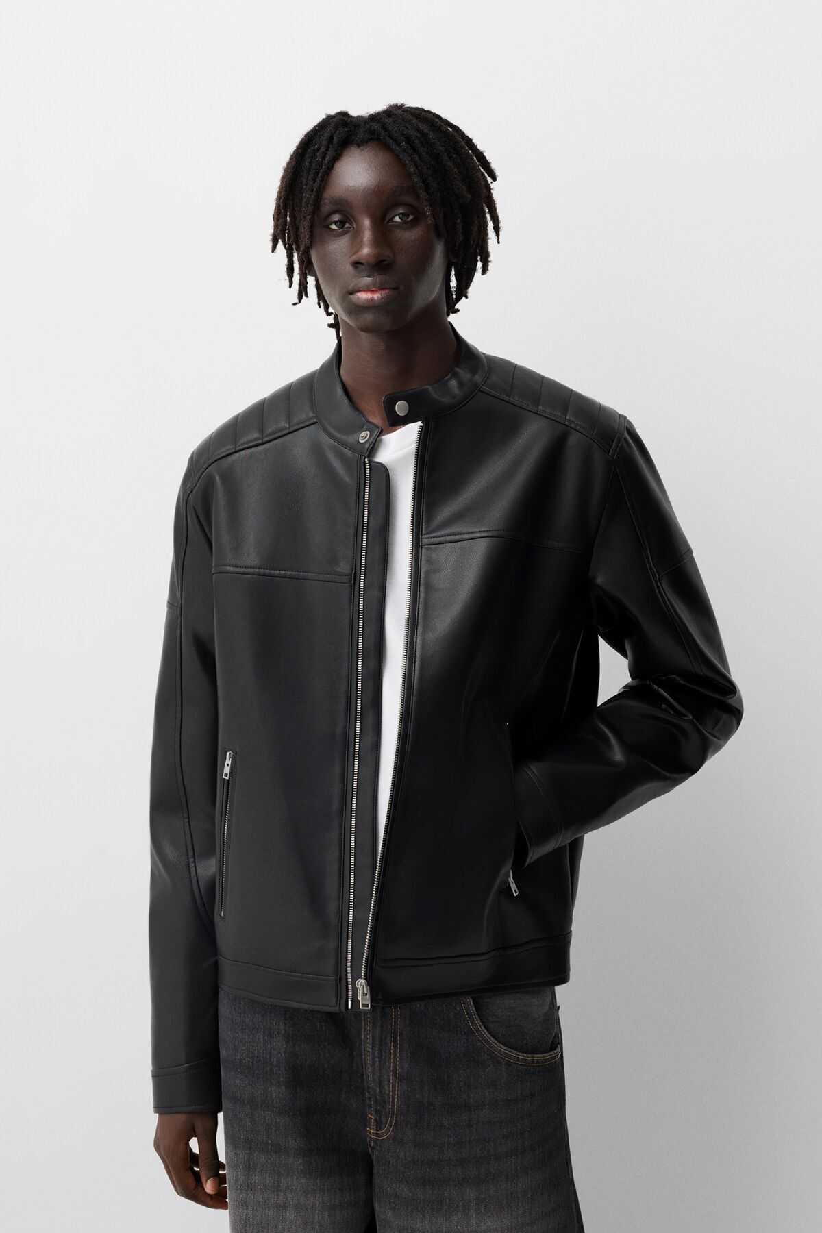 ژاکت دوچرخه سواری چرم مصنوعی زیپ دار