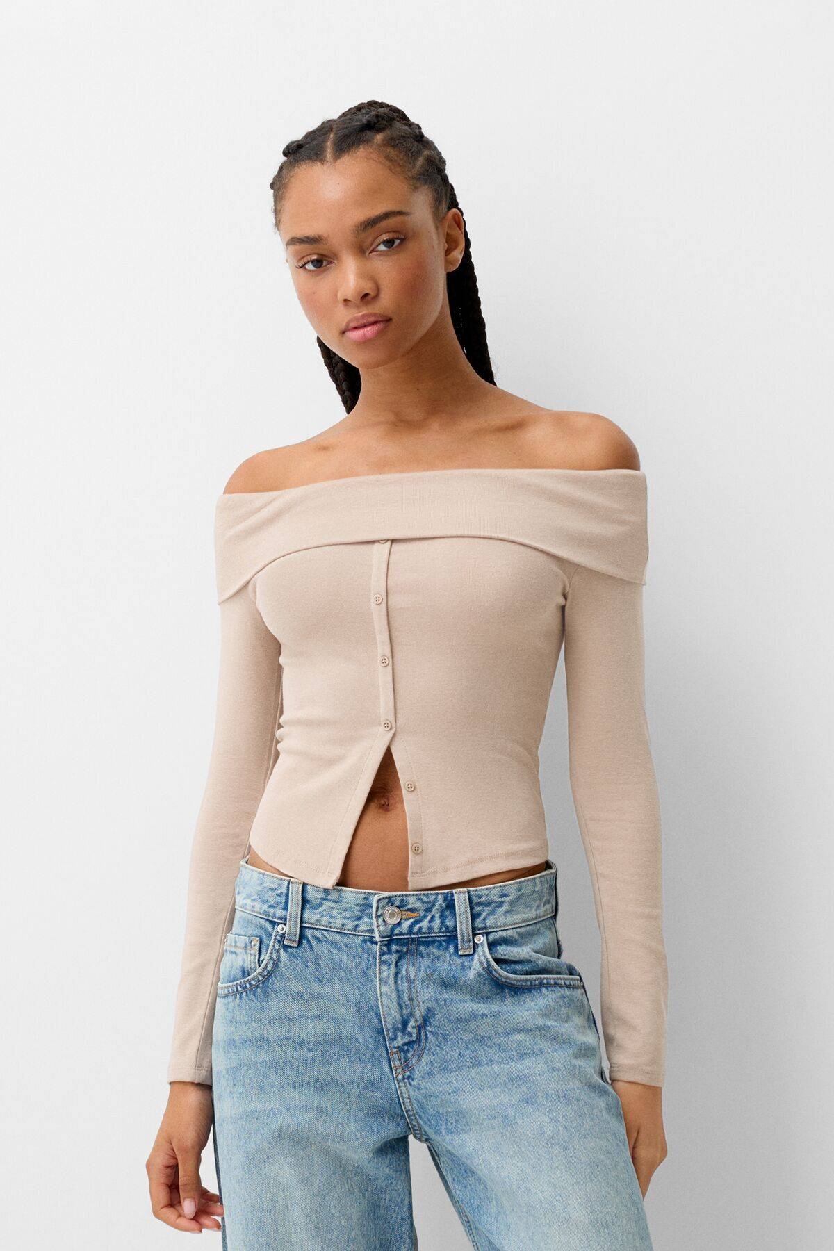 تیشرت آستین بلند دکمه دار