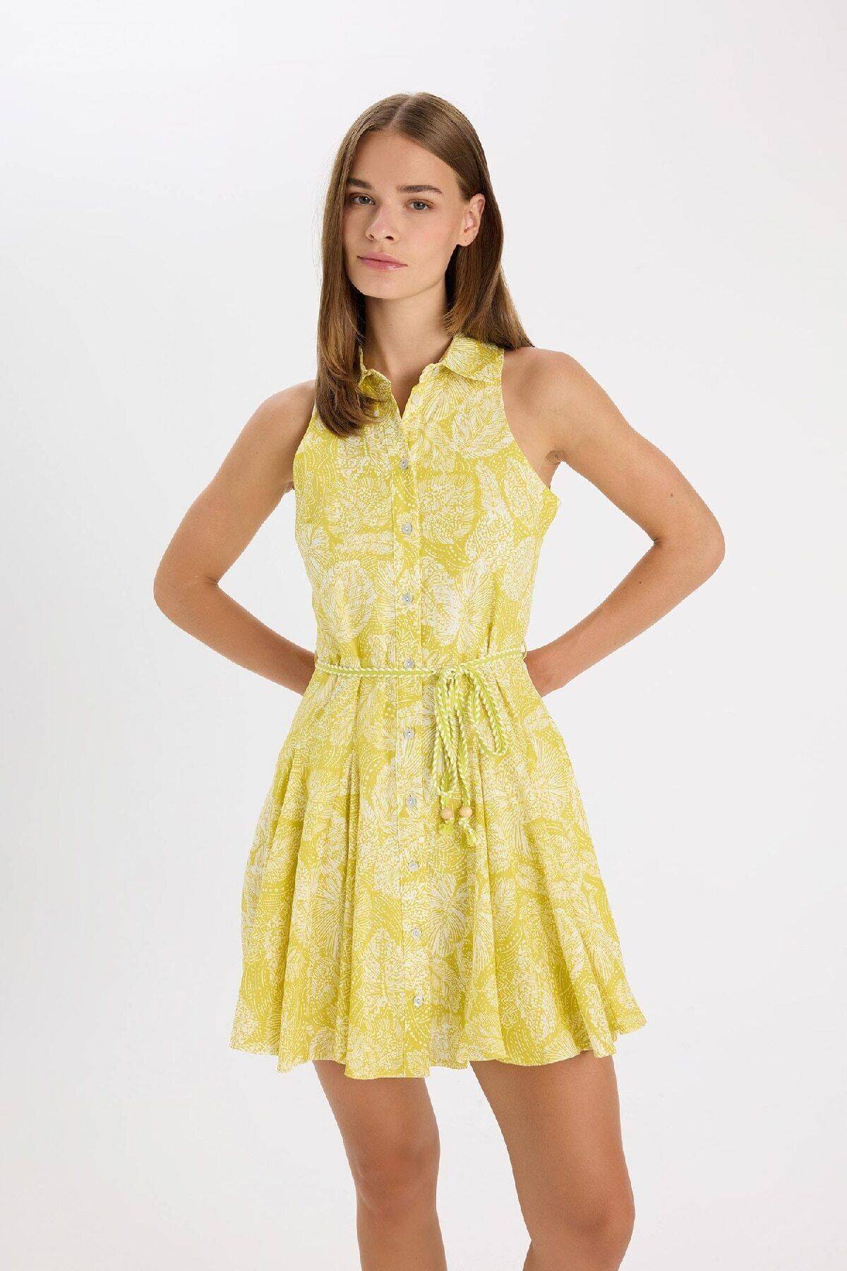 مینی پیراهن طرح دار یقه پیراهن بدون آستین