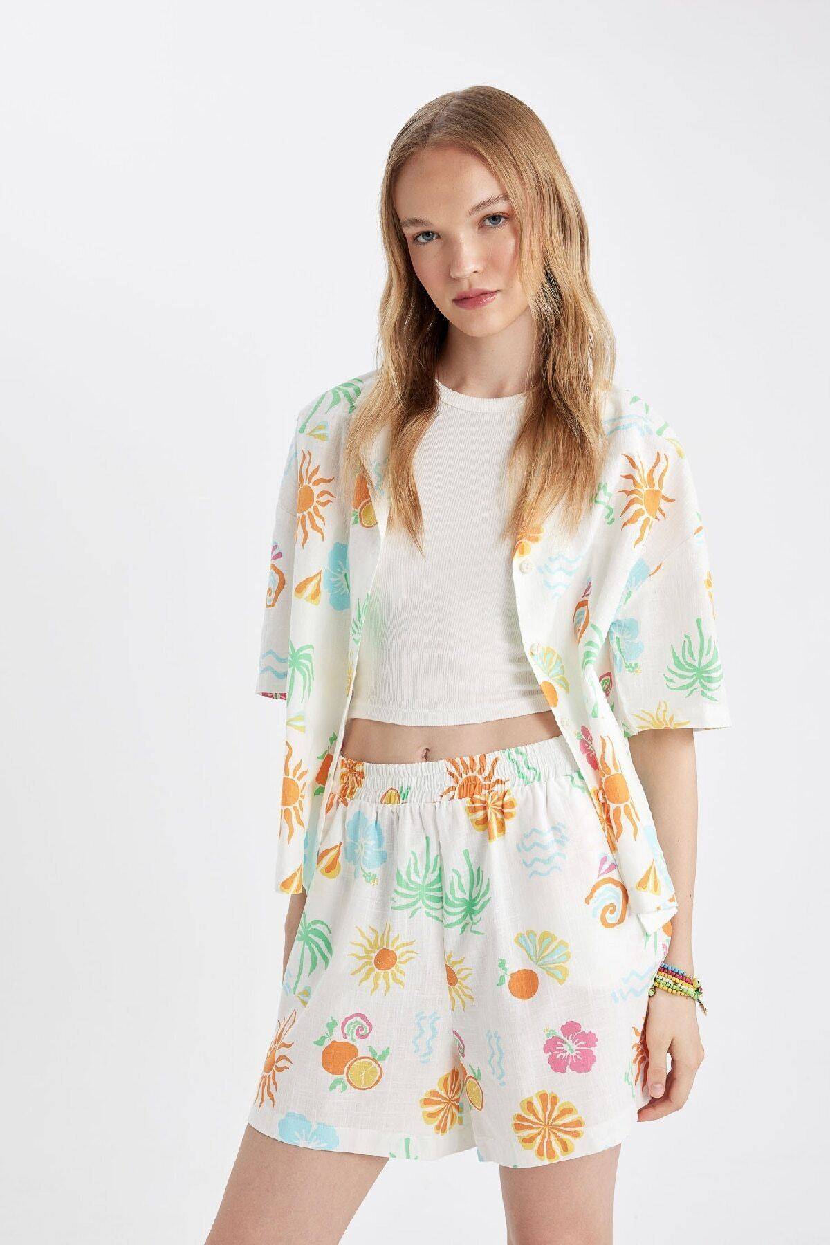 پیراهن آستین کوتاه یقه پیژامه طرح دار سایز بزرگ D5117ax24hs