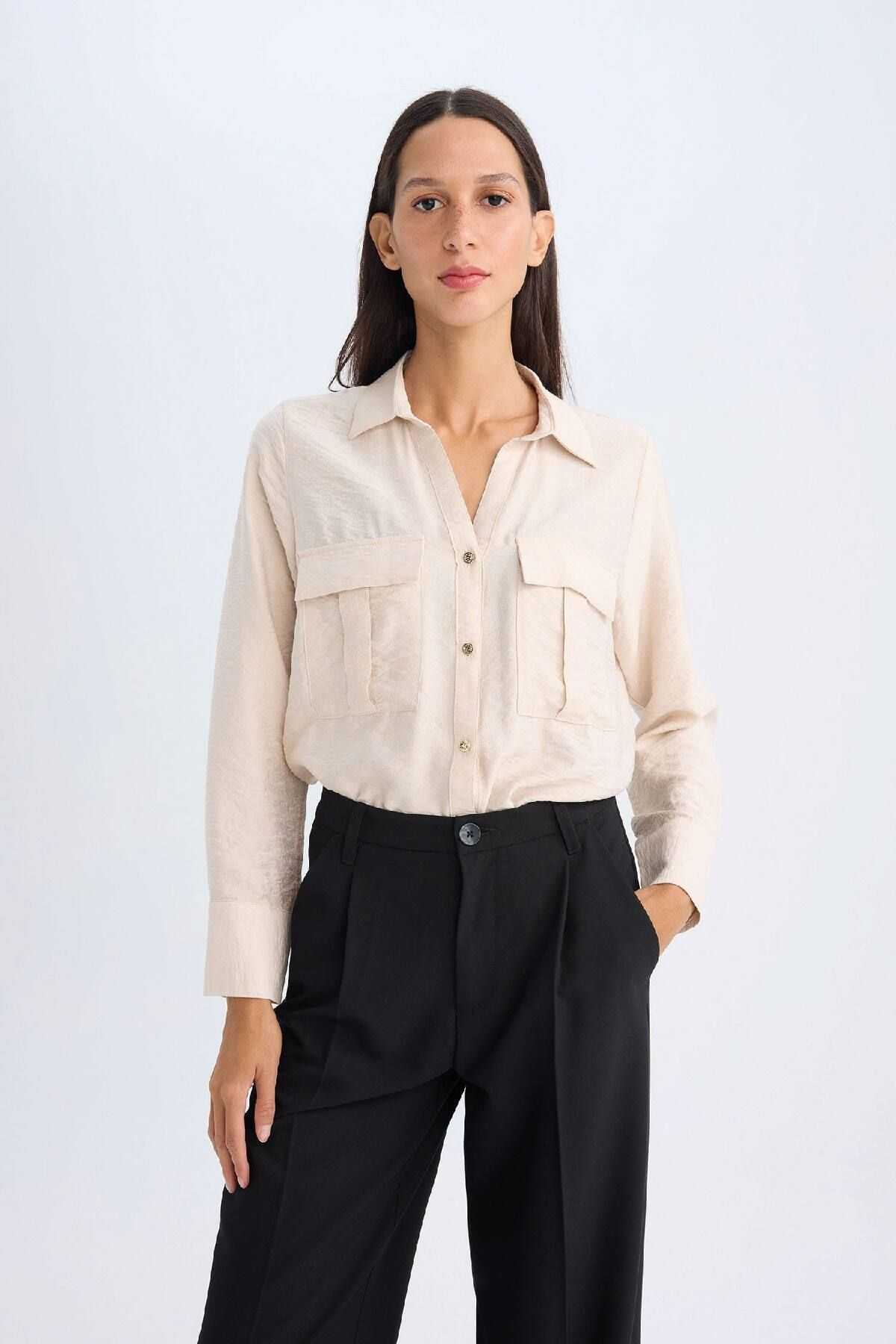 یقه پیراهن بزرگ ساده ساده دو جیب پیراهن ویسکوز D4739ax24au