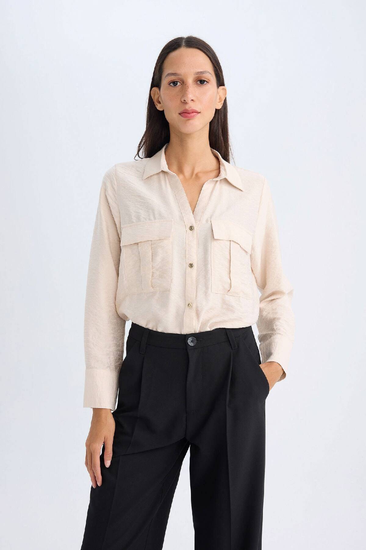 یقه پیراهن بزرگ ساده ساده دو جیب پیراهن ویسکوز D4739ax24au