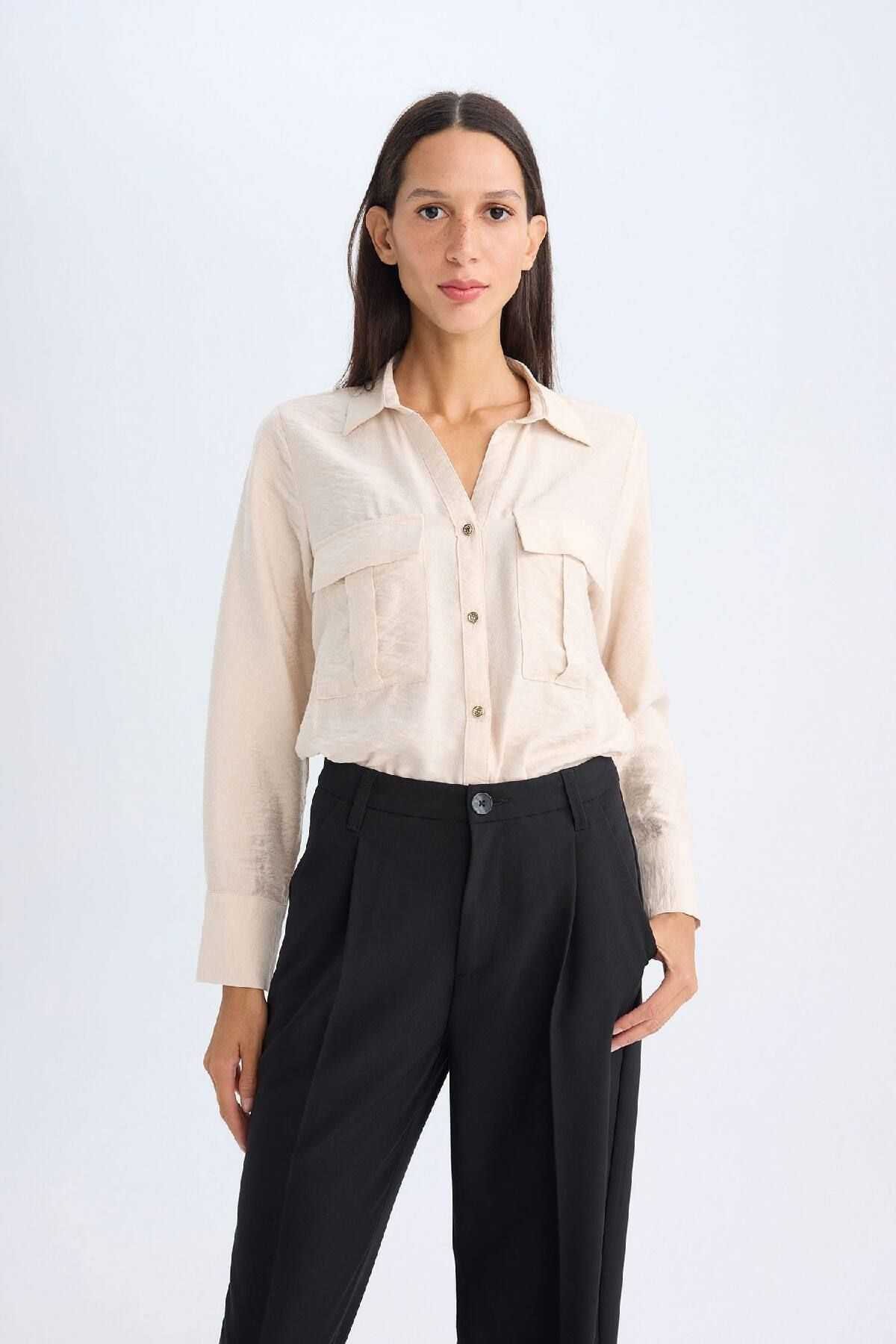 یقه پیراهن بزرگ ساده ساده دو جیب پیراهن ویسکوز D4739ax24au