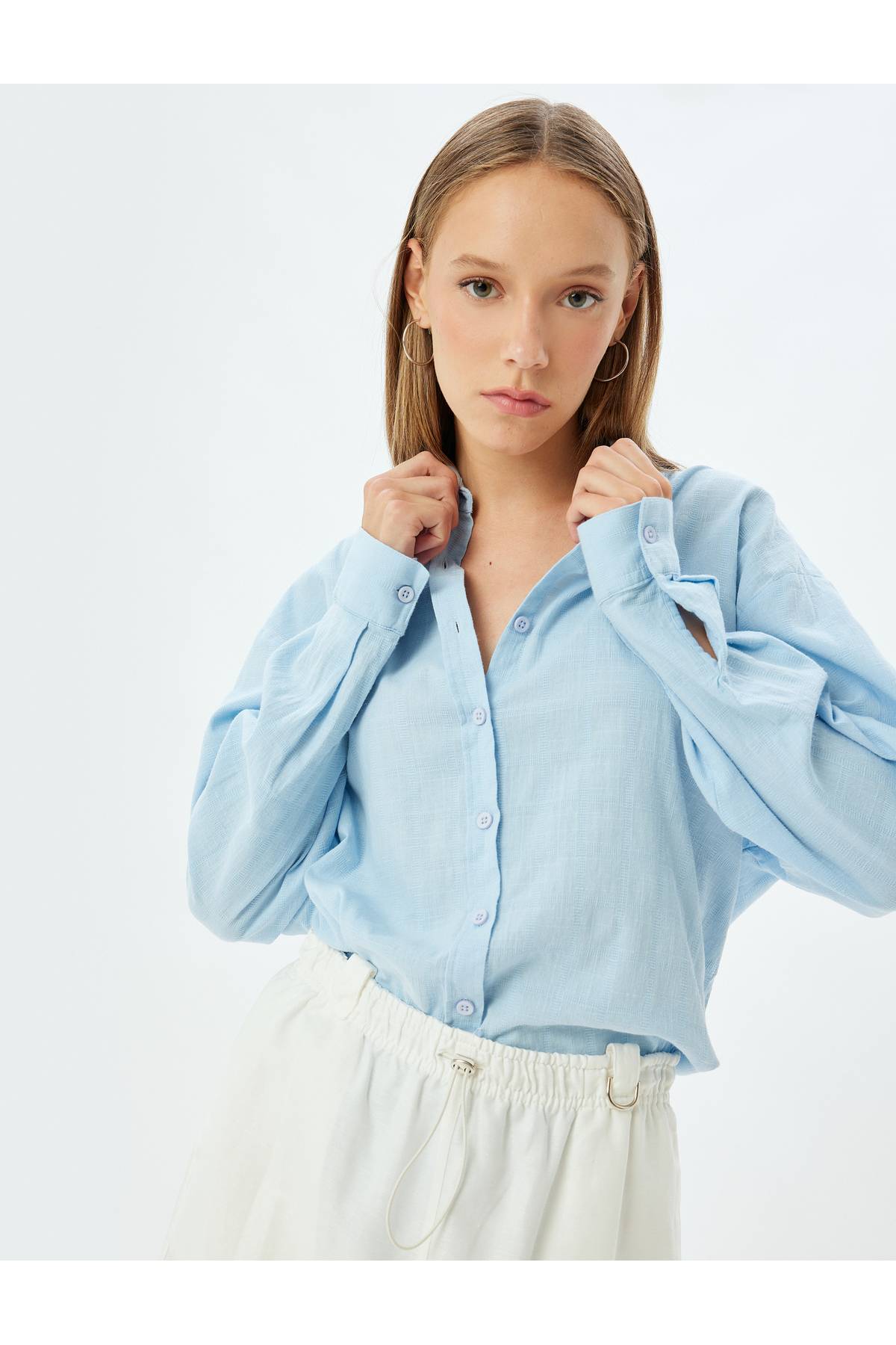 پیراهن سایز بزرگ آستین بلند یقه کلاسیک با دکمه