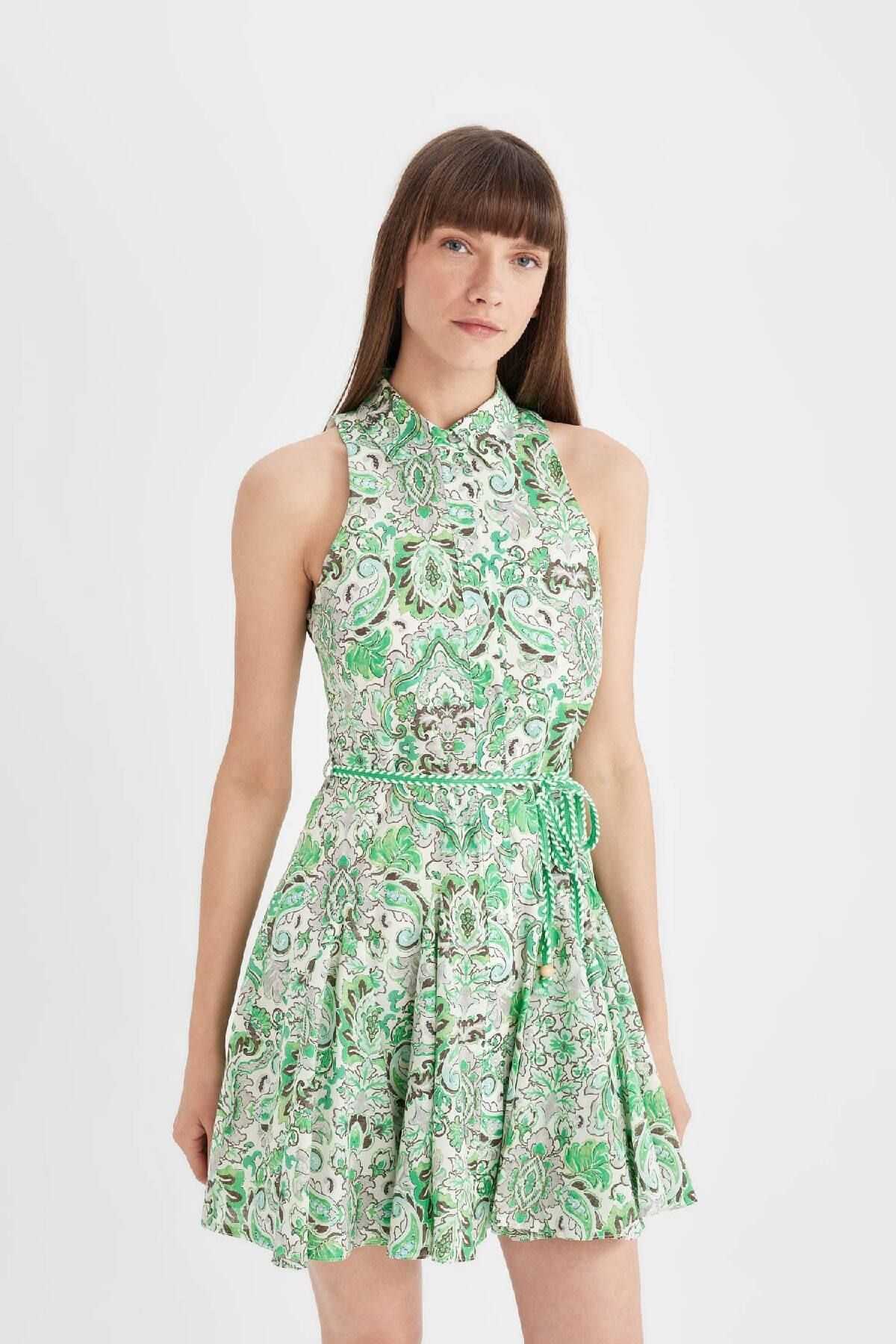 مینی پیراهن طرح دار یقه پیراهن بدون آستین