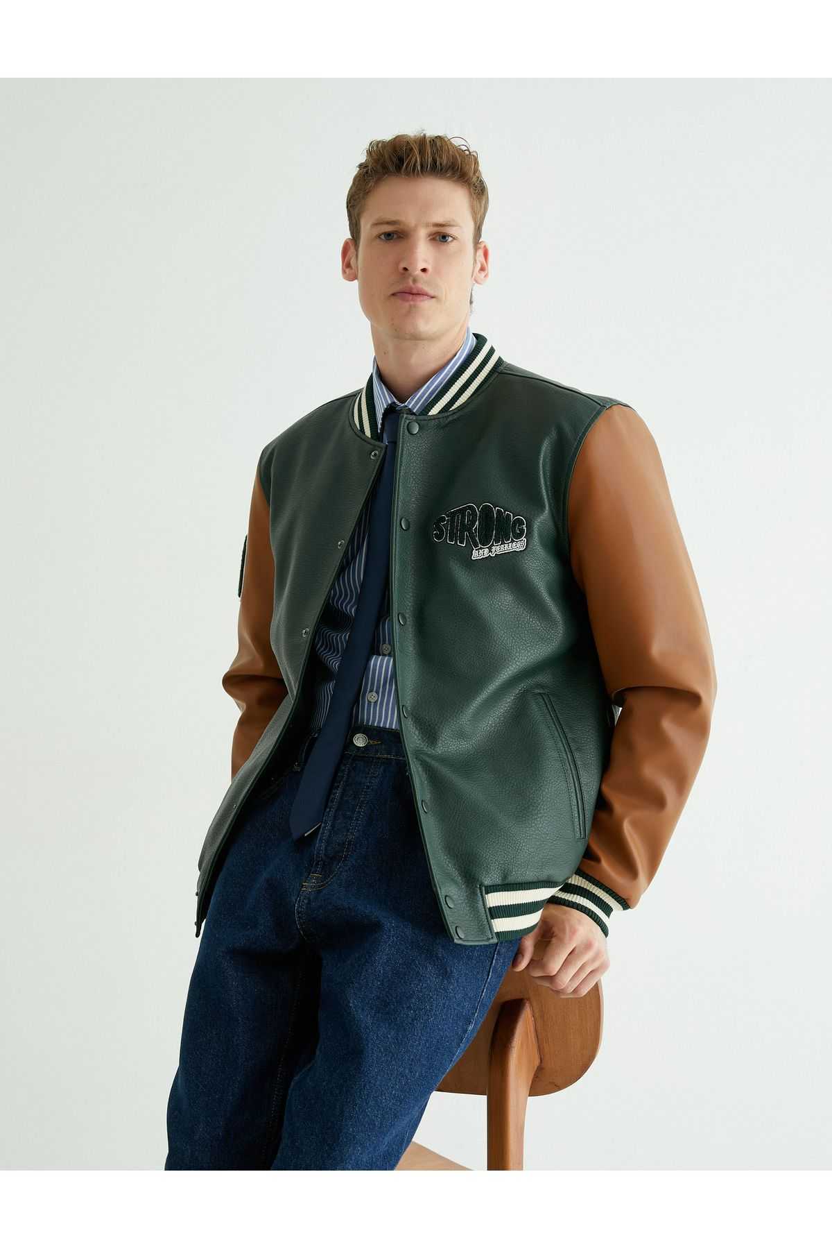 کالج کالج چرم نگاه بمب افکن یقه دوزی دکمه ضربه محکم و ناگهانی جیب