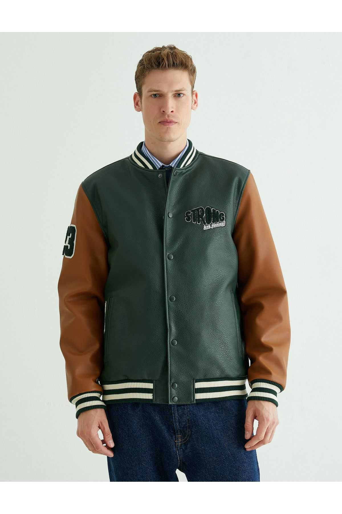 کالج کالج چرم نگاه بمب افکن یقه دوزی دکمه ضربه محکم و ناگهانی جیب