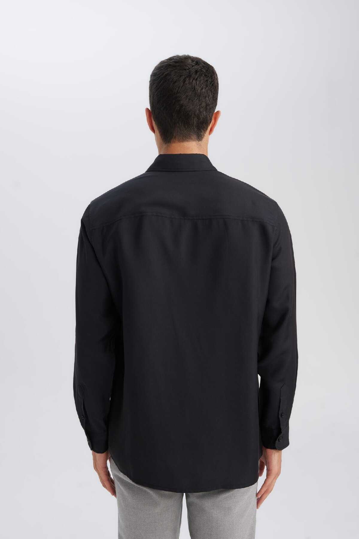 پیراهن آستین بلند ساده با یقه پولو ریلکس فیت ترکیبی مدال