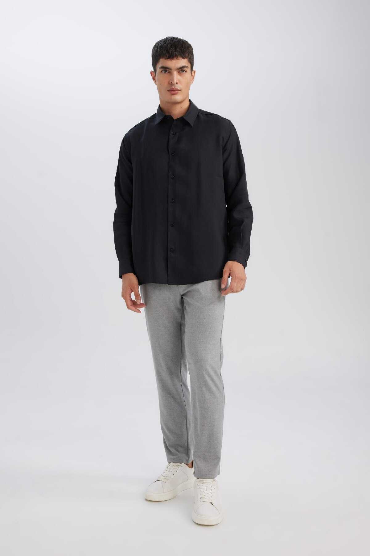 پیراهن آستین بلند ساده با یقه پولو ریلکس فیت ترکیبی مدال