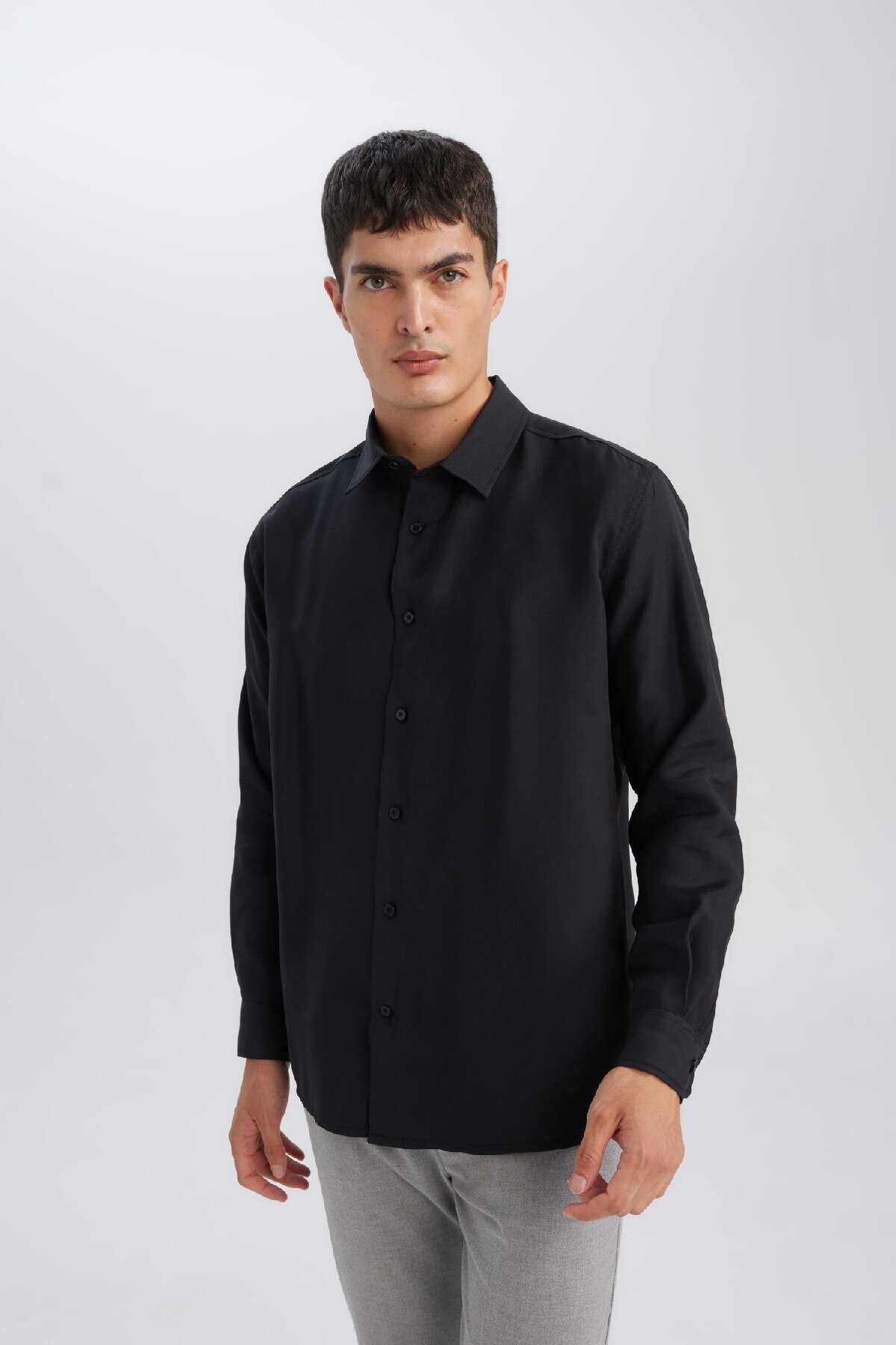 پیراهن آستین بلند ساده با یقه پولو ریلکس فیت ترکیبی مدال