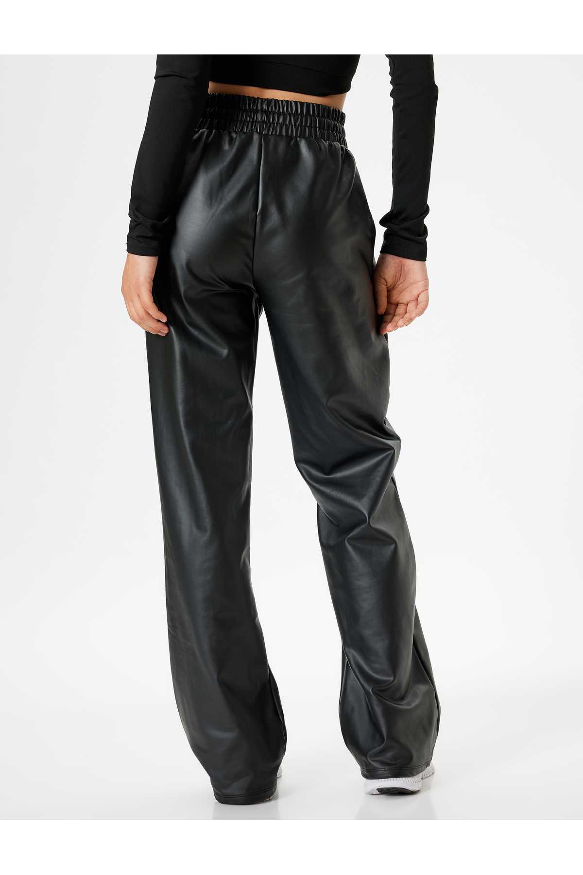 شلوار گرمکن چرم مصنوعی توری دور کمر آجدار جیب راست راست