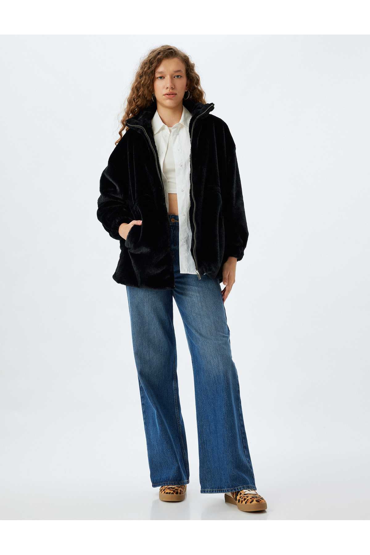 ژاکت بلند با زیپ خز مصنوعی