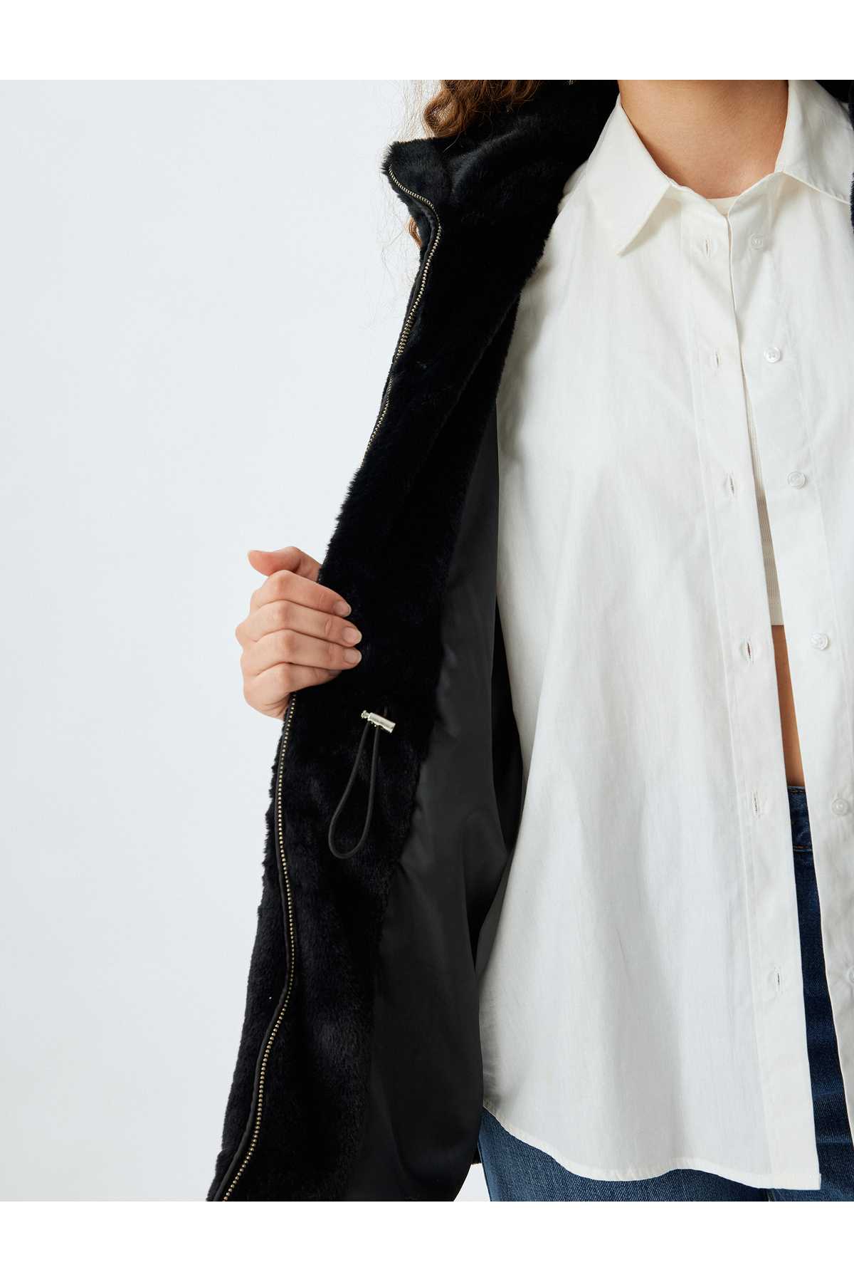 ژاکت بلند با زیپ خز مصنوعی