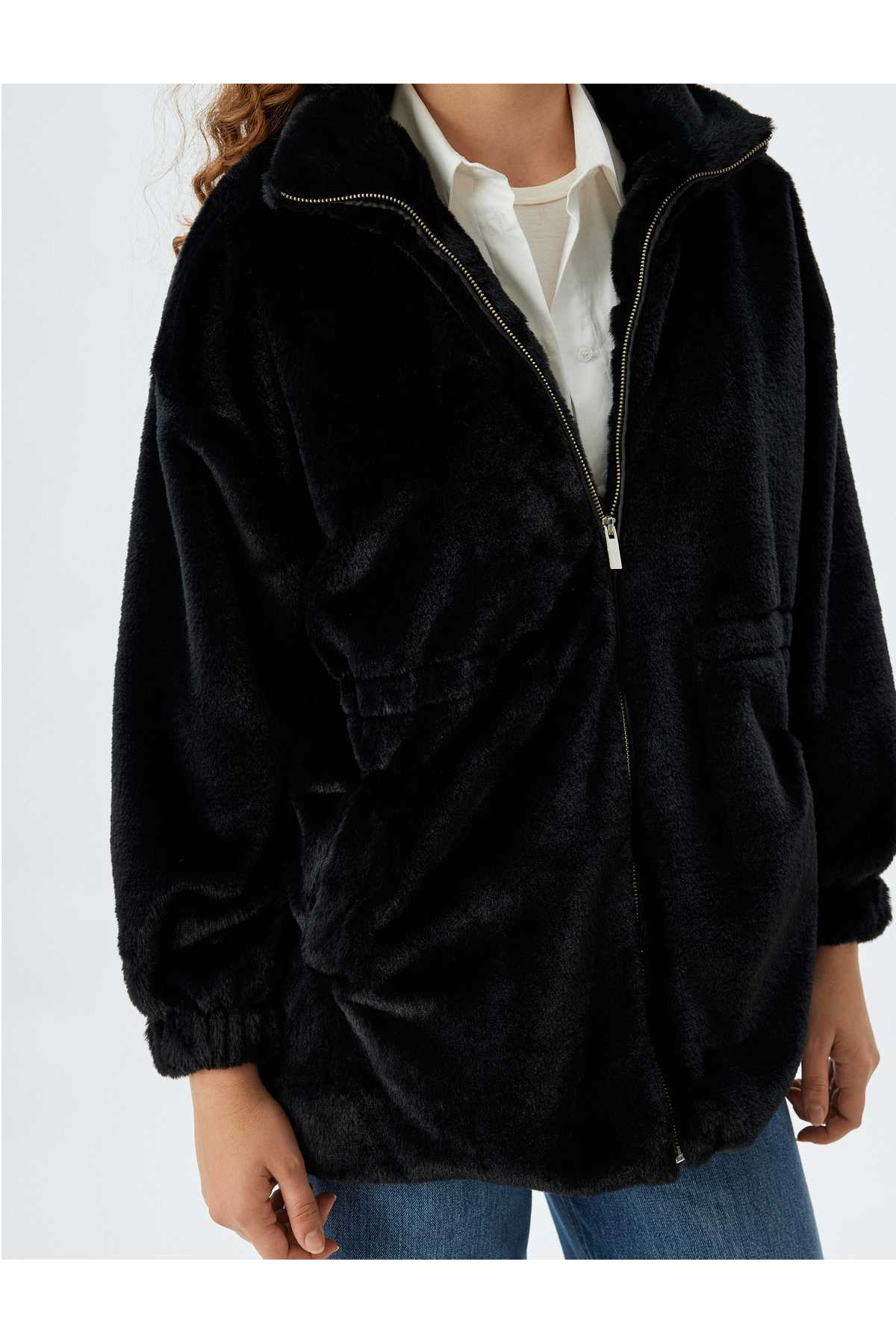 ژاکت بلند با زیپ خز مصنوعی