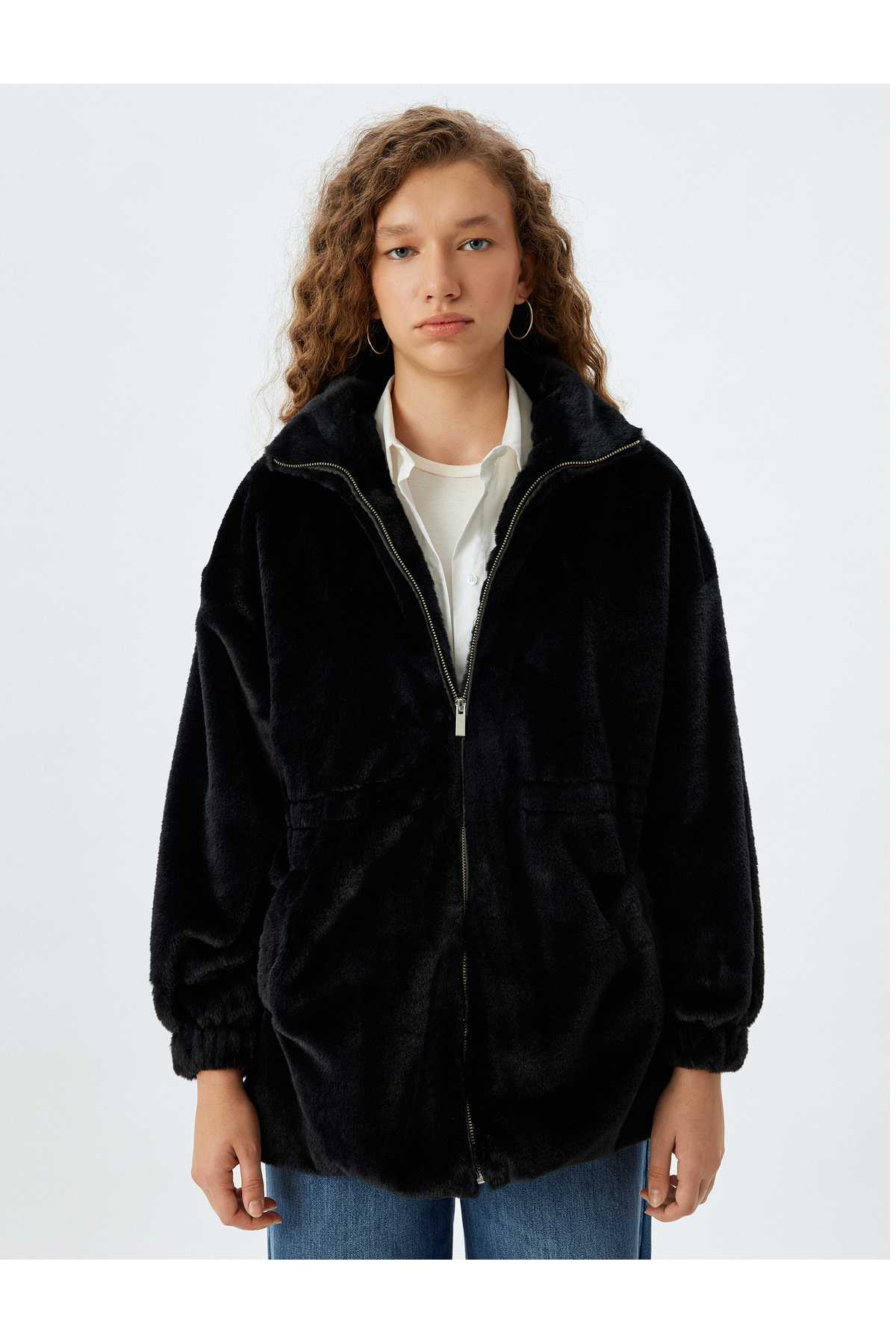 ژاکت بلند با زیپ خز مصنوعی